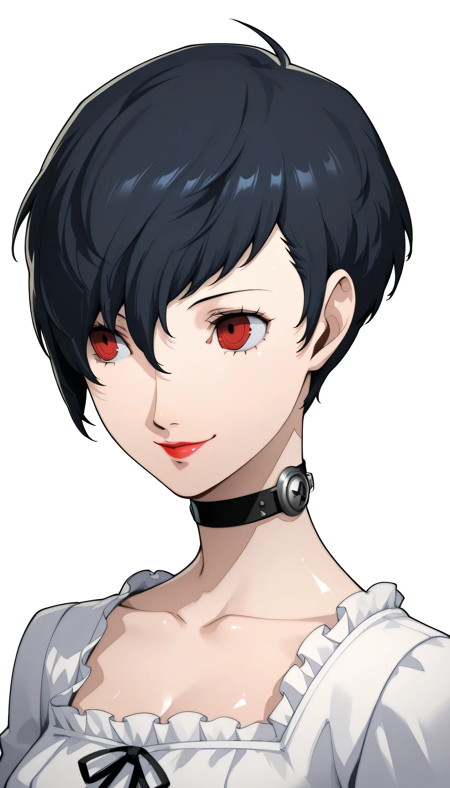 1 girl, Red eyes, very Short hair, black choker, lipstick, black hair, tapered Pixie haircut, white blouse, portrait, smile, azusa shimada style, white background , shiny skin, persona 3 reload style