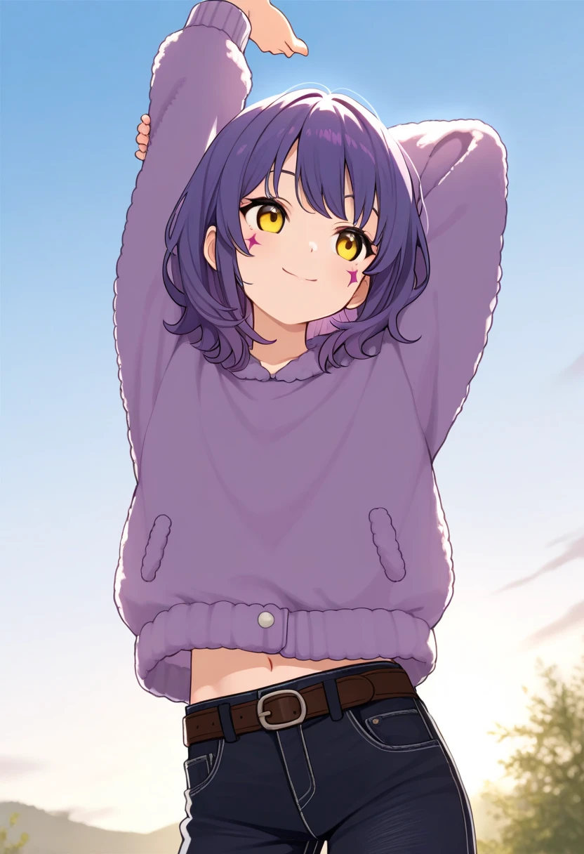 masterpiece、high quality、fineな女の子、Black Hair、short hair、Purple Eyes、Drooping eyes、Young、Feeling embarrassed、smile、Dog ears、cute、とてもcute、fine、Prank、White hoodie、nature、Blue sky
