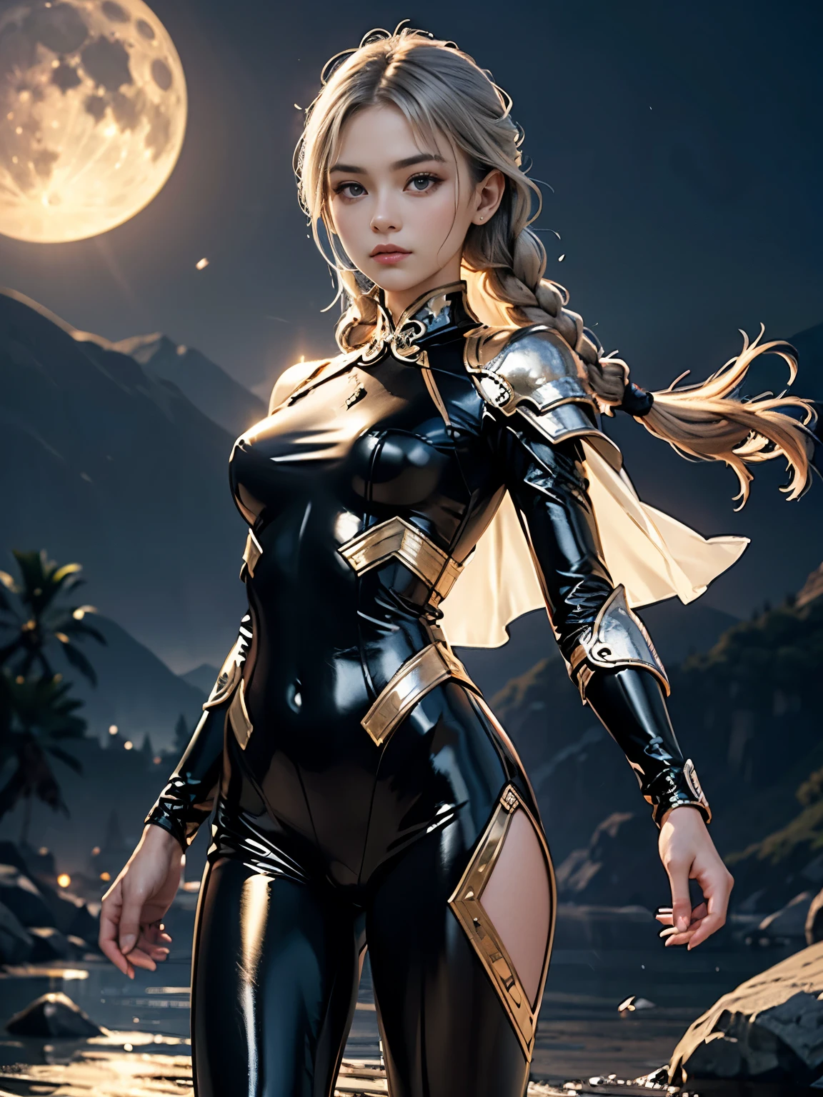 (2.5D illustration, UHD, retina, masterpiece, accurate, anatomically correct, super detail, best quality, 4k, extremely precise in every detail, beautiful detailed glow, beautiful attention to detail, beautiful detailed eyes), BREAK an Ancient Chinese female soldier equipped with a sword on her waist, (wearing a tight so glossy full-length black latex suit very ornamented with silver work), BREAK (put a piece of silver short light-armor on her body), BREAK , light-brown twin braids hair, shiny silver eyes, beautiful face, cool beauty, BREAK so flat chest, slender, slim body, camel toe, BREAK moonlit wilderness, full moon, strong wind, her hair is fluttering in the wind