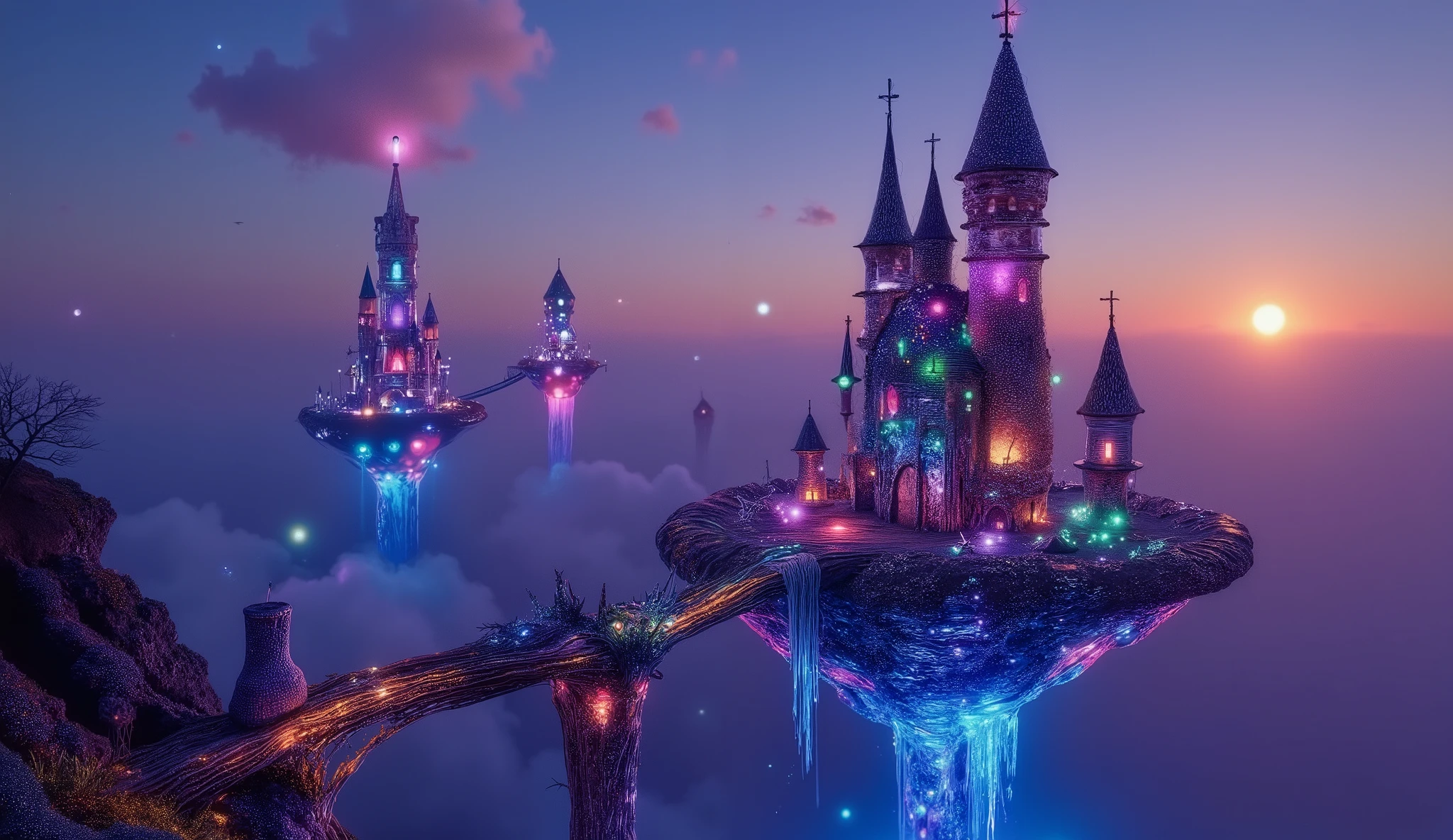 Surreal floating alien castles in a twilight sky realm, twin suns glowing behind gravity-defying towers, electric blue highlights and glowing red cores, wheat-toned stone bridges twisting into the air, inspired by H.R. Giger and Roger Dean, magical realism meets sci-fi, digital oil painting, cinematic landscape, 8k ultra-detail, trending on ArtStation