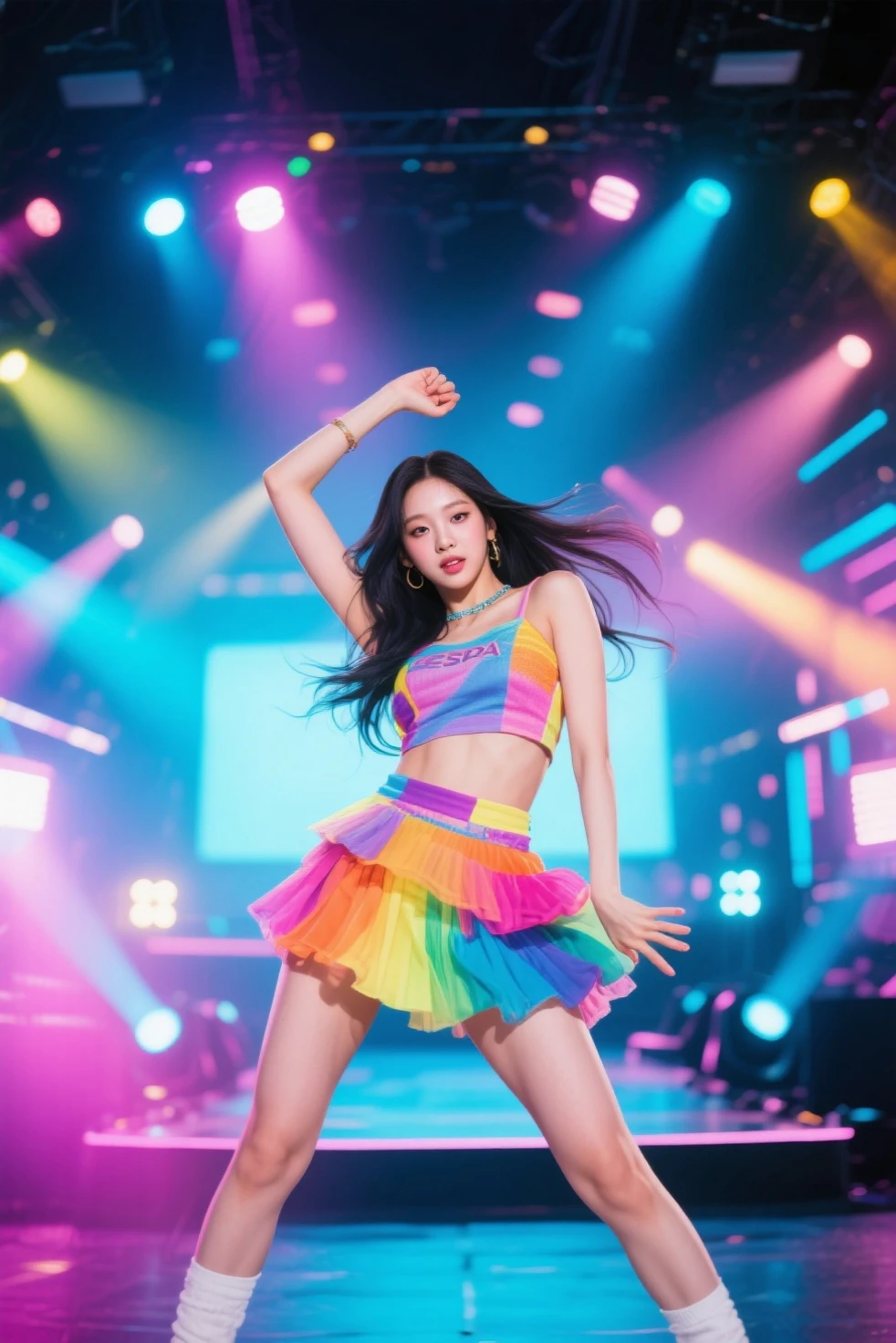 8K, ultra hd, masterpiece, 1 girl, (good face:1.4), detailed eyes, very long hair, impressive hairstyle, earings, necklace, small breasts, (glowing skirt outfit1.5), see-through, (rainbow laser outfit:1.5), Light-colored foundation brings out the skin, (in the dark:1.5), mystery, (laser lights:1.8), glowing lights, very decoration, The laser falls like water, perfect front body,