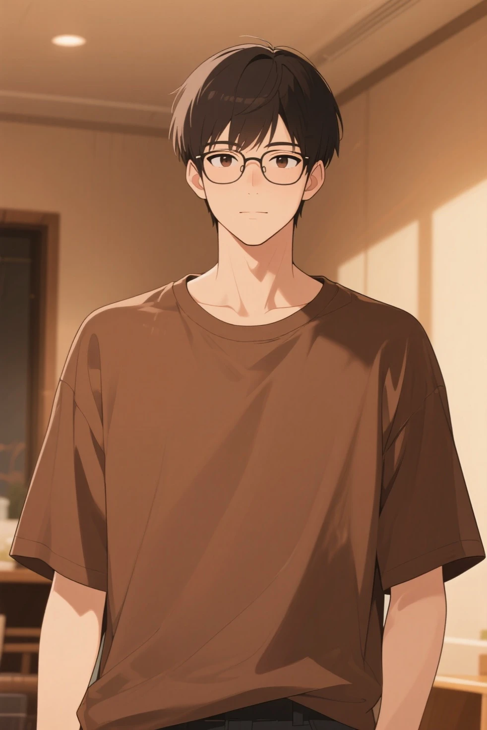 1 Japan boy, upper body, plain white t-shirt, front, black hair, smile, glasses