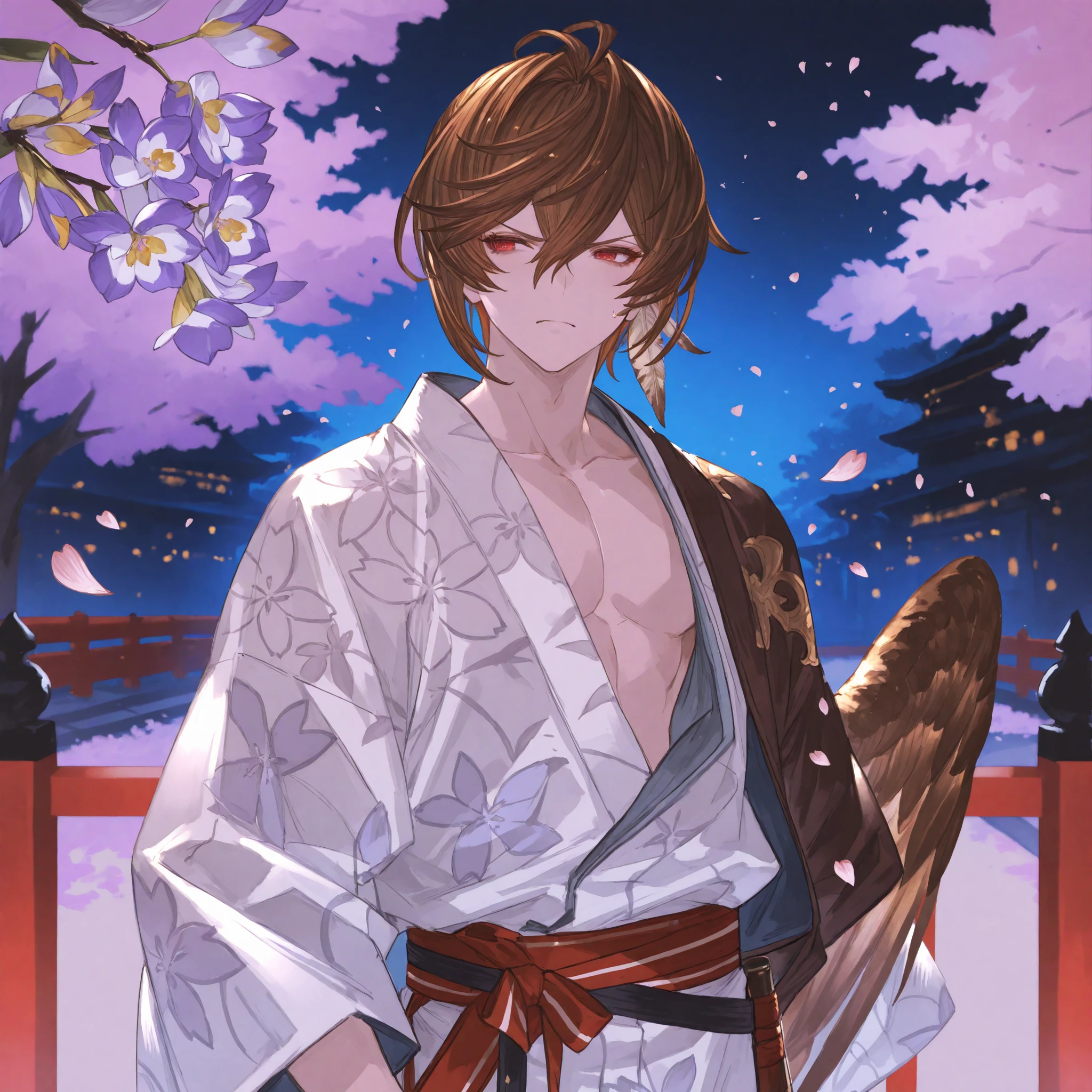 , colored art, tsundere, high quality eyes, white yukata, yukata_with_feathers_pattern) japanese spring, sakura tree everywhere, japanese lanters, night, standing, muscolar body, sexy male, gbfpxnl, {{character}} \(granblue fantasy\) ,Brown hair, one brown wing in his left shoulder, red eyes, 1boy,define relationship,anime eyes, douyin eyes, detailed eyes, high detail eyes, multicolored iris, detailed iris, full lashes, dark lashes, ((night, focus on face, flying cherry blossom petals))