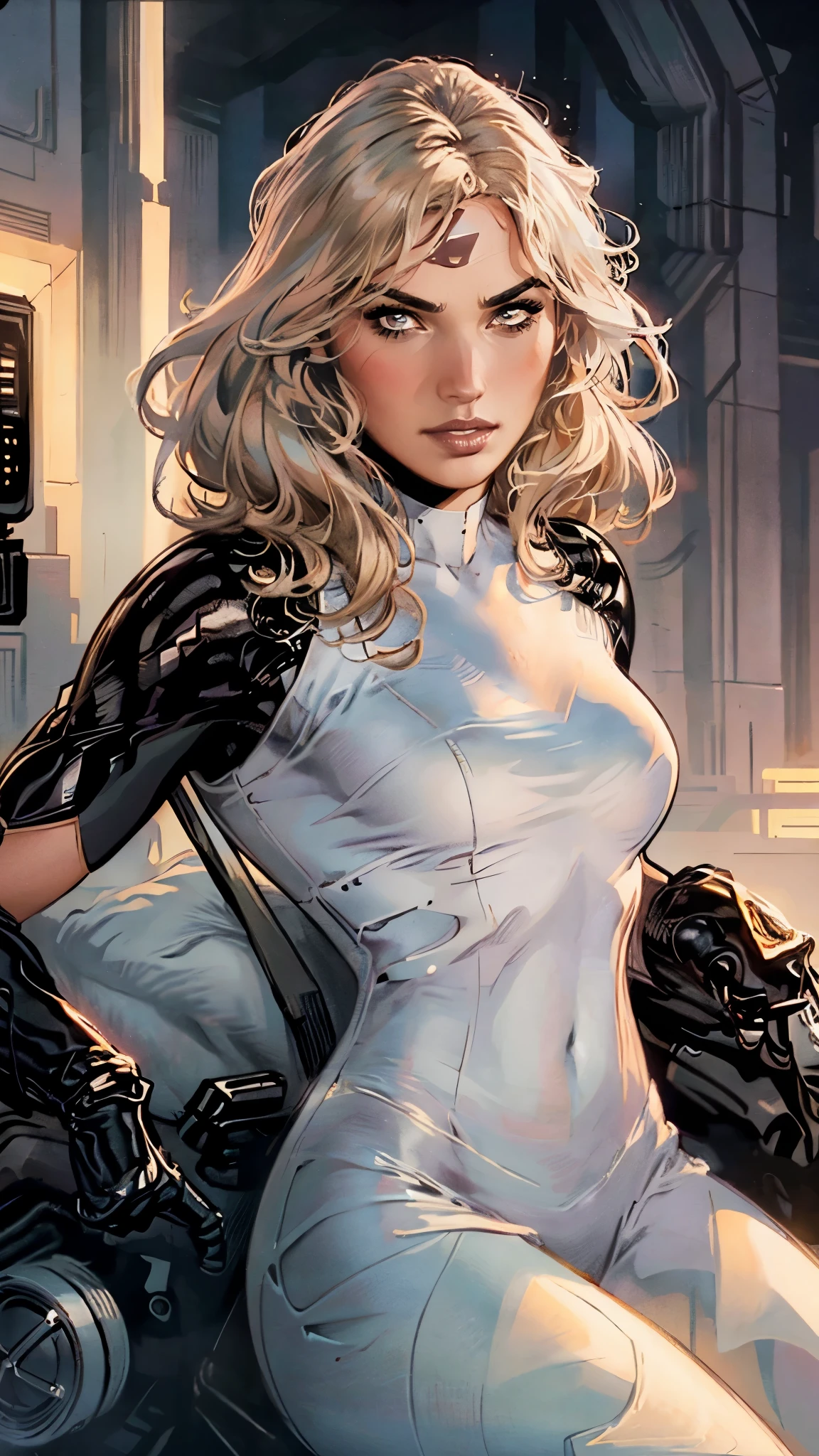 masterpiece, best quality, a beautiful woman with long shiny hair, choppy bangs, delicate face, passionate gaze, perfect smille, blush, seductive expression, tall and fit figure, perfect body, perfect skin, seductive pose, sexy Futuristic Technological Nanogel Clothing, the color scheme is primarily White with Green accents, this character embodies a finely crafted sexy beauty, exquisite and mature TerryDodson Style, goddess, feminine, exquisite photography, depth of field, bokeh, photorealistic, even and soft lighting on face, dramatic, high definition, highres, ultra detailed, professional photo, perfect body proportions, anatomically correct, symmetrical face, extremely detailed eyes and face, perfect eyes, high quality eyes, creativity, RAW photo, UHD, 32k, portrait lighting, cinematic lighting, (masterpiece-anatomy-perfect:1.2)
