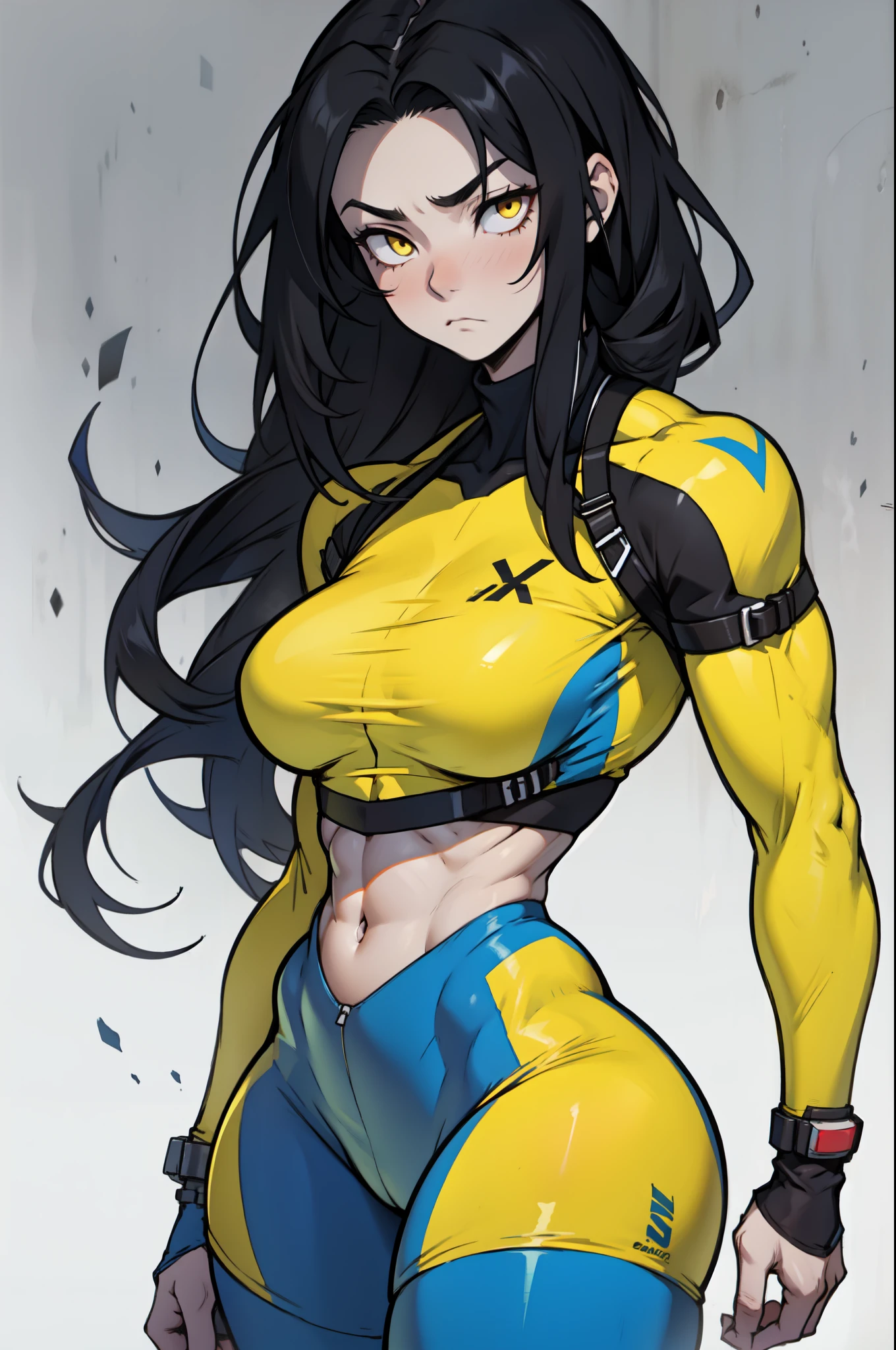 ((((muscular 1girl)))) (((thick toned body breasts))) (pale skin) black hair yellow eyes very long hair expressionless expressionless skintight