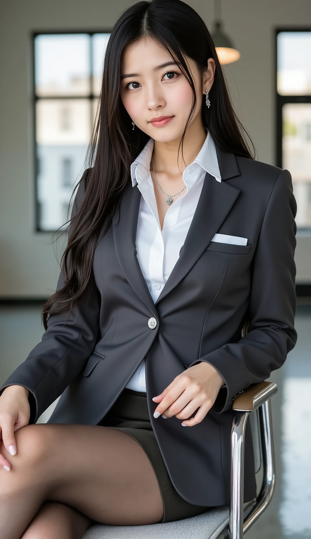 ((masterpiece:1.4))、((The pieces fly:1.4))、((Woman with long black hair:1.4))、((Wearing a light brown checkered short pleated skirt::1.4))、((Stand in the hotel bedroom:1.4))、 ((Cowboy Shot:1.4))、((16-year-old high school girl:1.4))、Innocent look、((Wear a white long-sleeved collared dress shirt:1.4))、((Woman in a black suit:1.4))、((Small breasts:1.4))、((A light brown checkered mini skirt that accentuates thighs:1.4))、((Wearing a black office blazer:1.4))、((Wearing a neat black office blazer:1.4)), ((Woman with sad expression:1.4))、