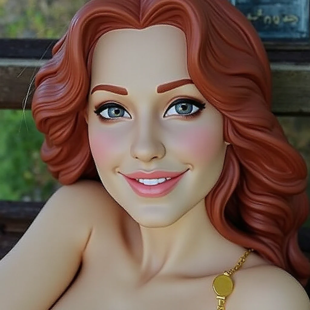(((skinny woman))), milf, best quality, (nsfw:1.3), highres, short hair, sidelocks, (big smile:1.1), ((((small breasts)))), (((sagging breasts))), necklace, ear rings, (((redhead))), greek temple, lush garden, realistic rendering, pnotorealistic style