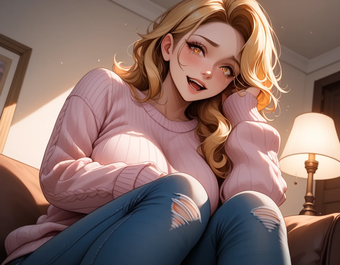 masterpiece, best quality,realistic,absurdres,1girl,looking at viewer, blush, freckles, full body view, tongue, messy hair, blonde hair, rolling eyes, sitting, living room, pink oversized sweater, baggy , big breasts