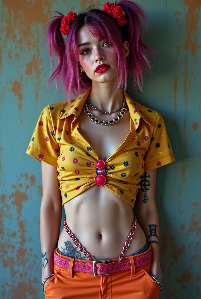 (full body shot, ultra-detailed, best quality, photorealistic:1.37, 4k, realistic, photography, female model, curly redhead, dressed with neon, iconic pose, very dark, low key, detailed facial features, pink fog, vibrant colours, 35mm)