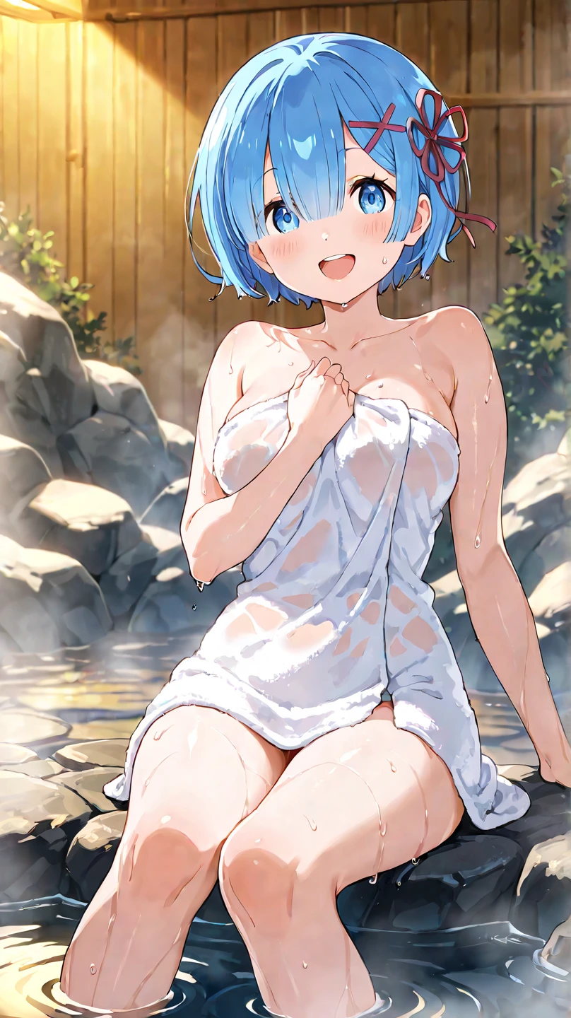 (top-quality、in 8K、32K,), nsfw, (Masterpiece, Slim Body, Delicate Fingers: 1.2), Best Quality, (Illustration: 1.2), (Hyper Detail), Eye Focus, Ultra Detail, (Fine Detail), (Intricate Detail), HDR, (Ultra Detail: 1.15), (Soft Light: 1.2), (1 girls), hot spring inn, hide invisible body with the reflection of hot water, soaking up to the shoulders, hot flashes, nudity, steaming, (Naked towel:1.5), lower body soaking in hot water, (blushing:1.3) (White hair and blue highlights), cyan eyes, ager, embarrassed face, medium, short hair, solo, multicolored hair, ahoge, huge breasts, high quality, best quality, full body image,