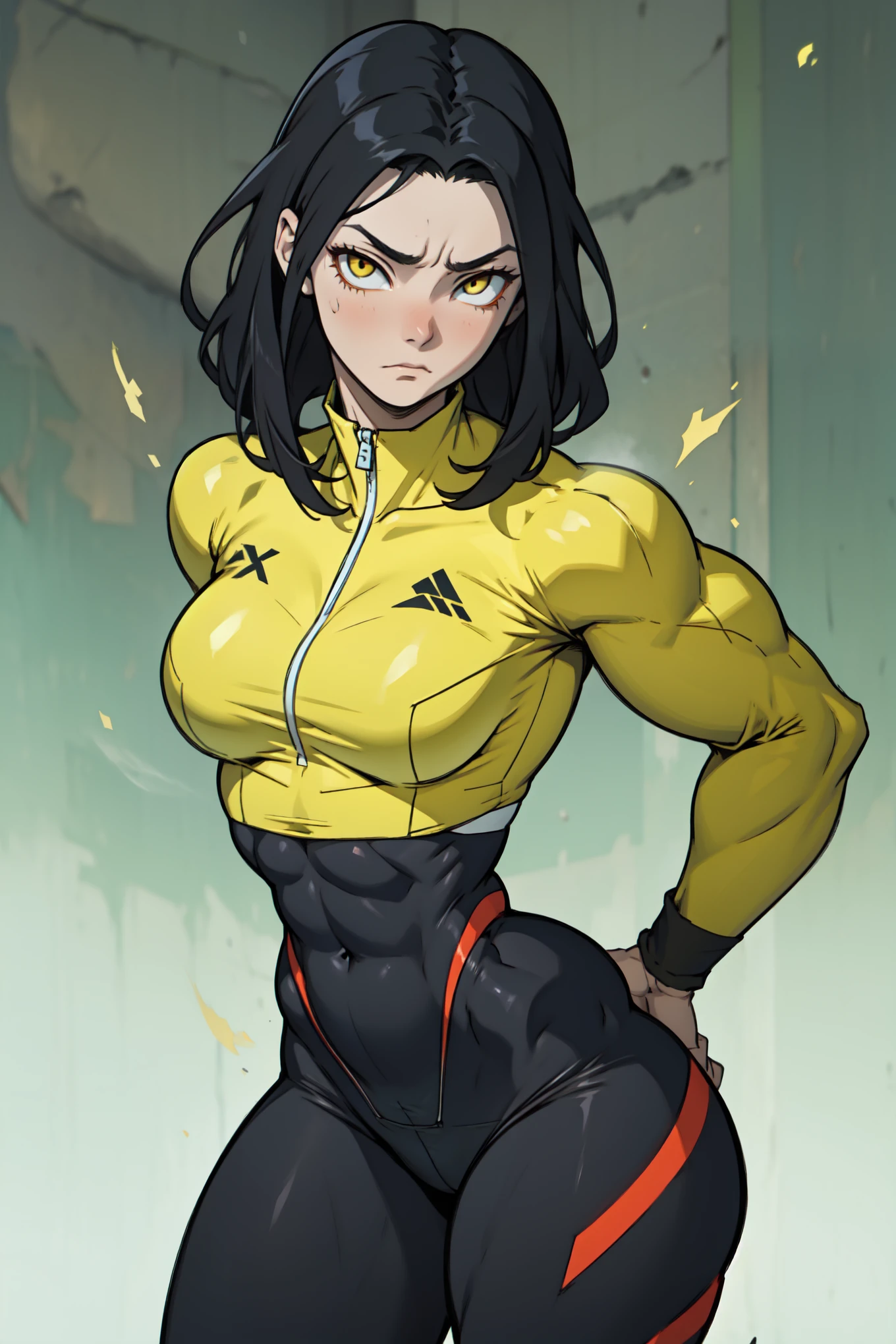 wide hips curvy thick thighs voluptuous large breasts muscular toned body bodybuilder black hair pale skin yellow eyes skintight expressionless sad sad
