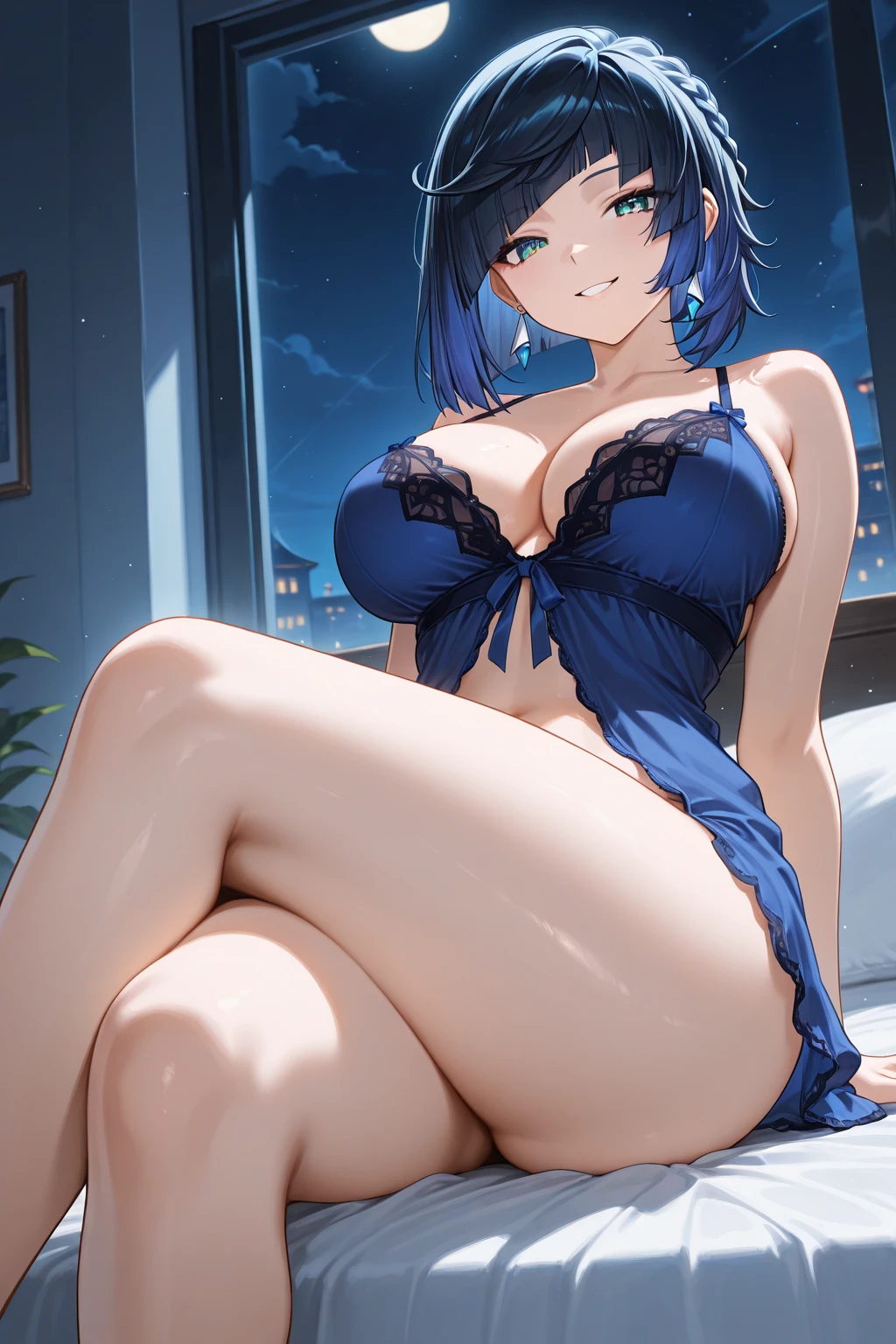 最high quality、best image quality、masterpiece、Curvy but slender body、perfect eyes, perfect face,exact number of fingers、Exact number of legs、Exact number of armature Woman((Bust 105,beautiful blue eyes、1 girl、Milking(self)、expose one's chest、produce breast milk、beautiful nipples、beautiful big breasts(erect nipples:1)、sexy look、big breasts, 、high socks、Light blue and short hair(Inward-curling hair)、Slender、big valley、Dark blue garter belt、navy short skirt、Show the whole body、black wristband on wrist、star-shaped hair ornament、red face、Slippery texture))high quality、beautiful art、With background((Bed)))table top、visual art、Depth of the bounds written、One earring in each ear、Landscape、cross your legs、navy high heels