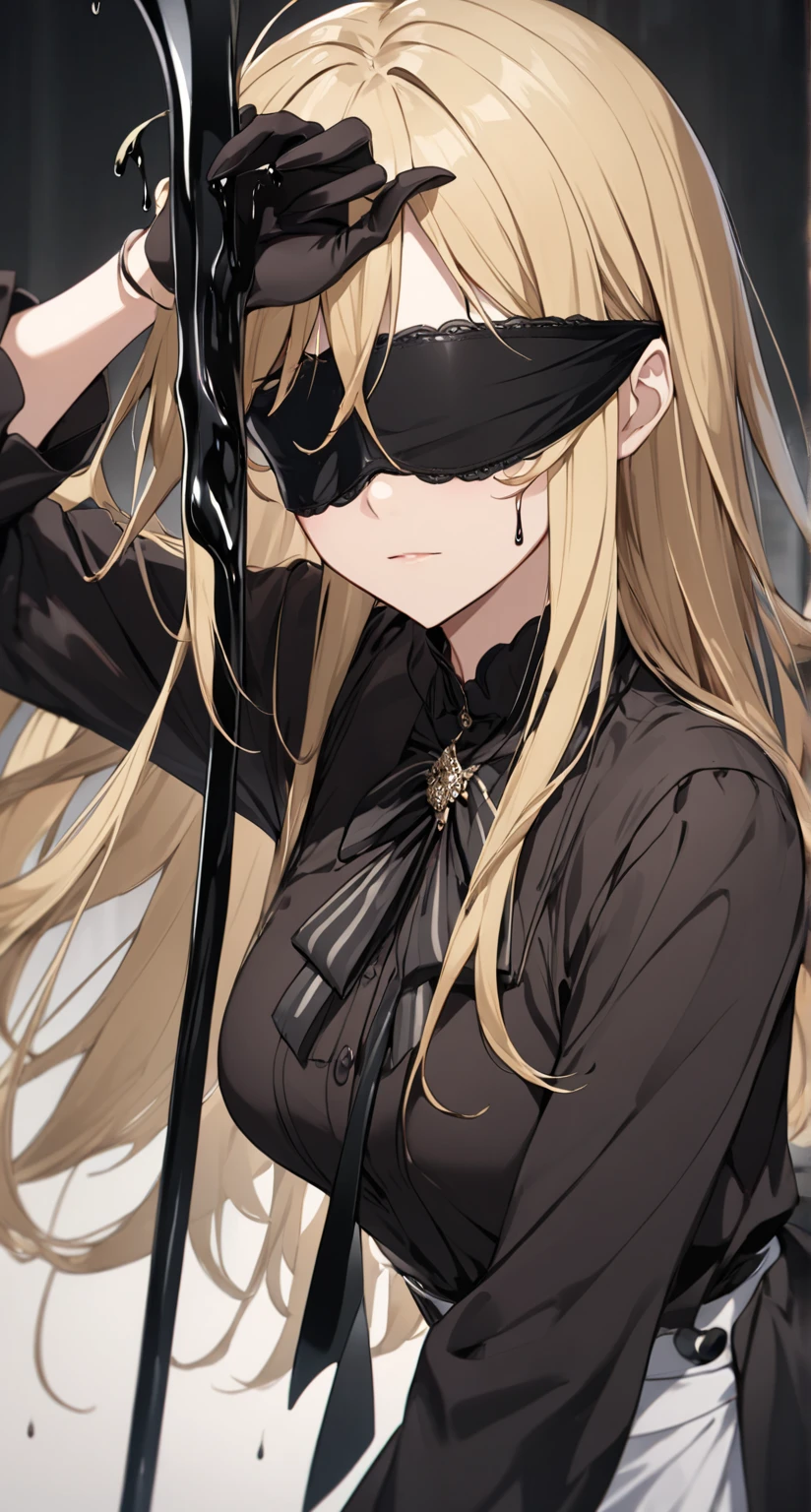 highest quality,wonderful,finely,extremely detailed CG Unity 8K wallpaper, (girl, very long hair, blonde, clothed), (nun :1.2), (small breasts), (open mouth:1.1), (long tongue:1.1), (mouth drool:1.1), (black stockings:1.1),(Thighs:1.2),(Waistline:1.2),(black blindfold, blindfold:1.5)