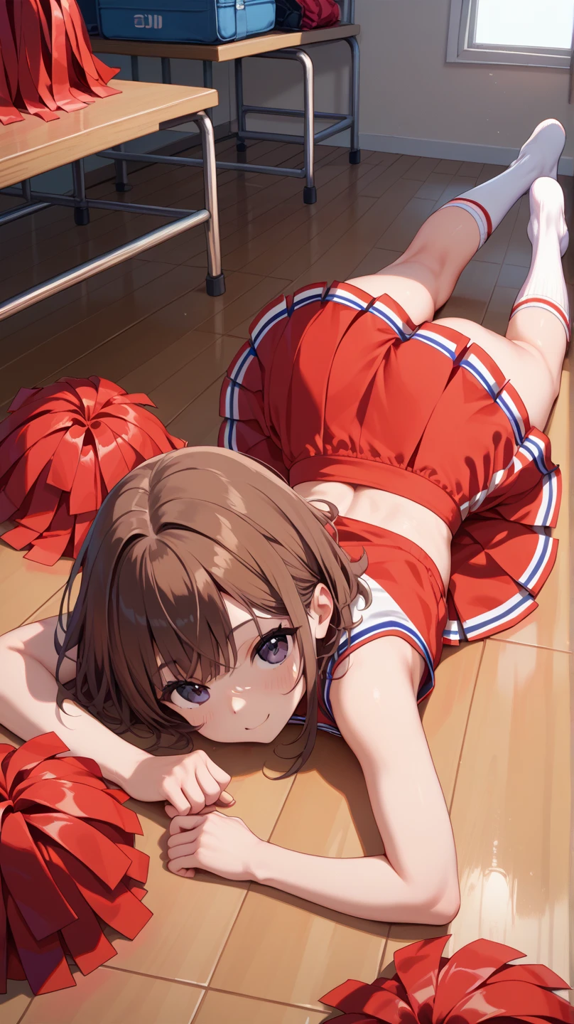 ((Small Breasts))、(after sex)(,lying in mat)、sperm、(cum on body)、,nsfw,((Completely naked))、Highest quality、Very delicate and beautiful、young、Young face、((Very short bangs))、((Bangs))、Brown Hair、Light Hair Color、Short Bob、Young body type、Short stature、Cute like an idol、Yellow Eyes、Are thin、Slim figure、((The background is the gym storeroom.))、Open Mouth、Embarrassed face、Sweat,