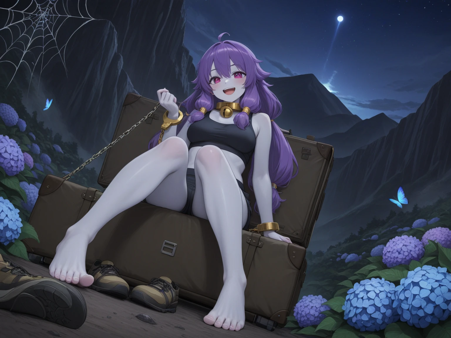 ((masterpiece))((Detailed skin)), masterpiece quality, (demon girl + horns), ((nude:0.8 + spread legs)), ((wide sleeves:0.8 + anklet)), ((lying from below:0.8)), ((armlet:0.8 + jewelry)), ((evil smile:0.8 + hell))