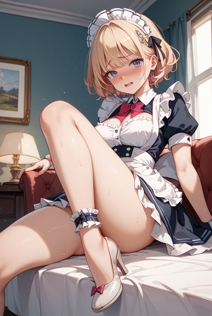 1 girl, Princess Zelda, blonde hair, short hair, blue eyes, soft, soft light, delicate, frills, vagina, dripping wet cum, (small breasts, exposed breasts, nipples), frilly, thighhighs, filigree, choker, ruffles, blue and white, bed, (flirty, soft smile, gentle smile, spread legs), laying on bed, messy hair, laying down, feet kicked up, parted lips, sexy pose, open mouth, miniskirt