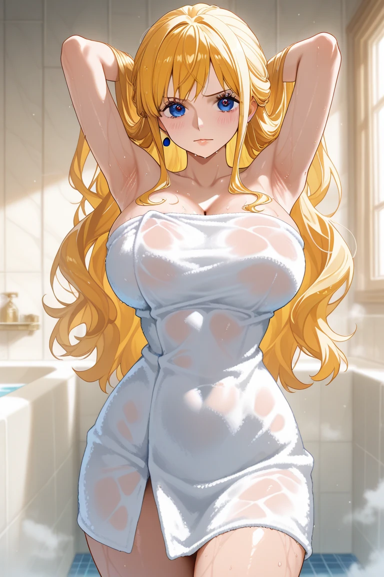 (masterpiece, 最high quality, 超High resolution, Very detailed), (Realistic:1.1, photoRealistic:1.4), Perfect illustration, Perfect lighting,Hair in perfect detail, Perfect and detailed face, Perfect collarbone, Perfect body,Juicy breasts, Perfect Thighs, Beautiful feet, View your viewers, 1 Girl,Perfect Face, (Perfect Anatomy, Anatomically correct), Symmetrical face、((Shiny Hair)),Sexy Body、(masterpiece),(最high quality:1.3),8k,Very clear,(Ultra-realistic)、Captivating woman,(high quality, High resolution, Fine details), Realisticなスタイルの女性,Juicy breasts、One perfect woman、Perfect Face、Symmetrical face、Baby Face、((Large Breasts))、Cleavage、blush、((Juicy lips))、(((Wet long straight blonde hair)))、((Big double blue eyes、Long eyelashes))、((Red makeup))、(((fluffy towel)))、(((Naked Towel)))、((Wet towel、Wet body))、(indoor、Bathroom)