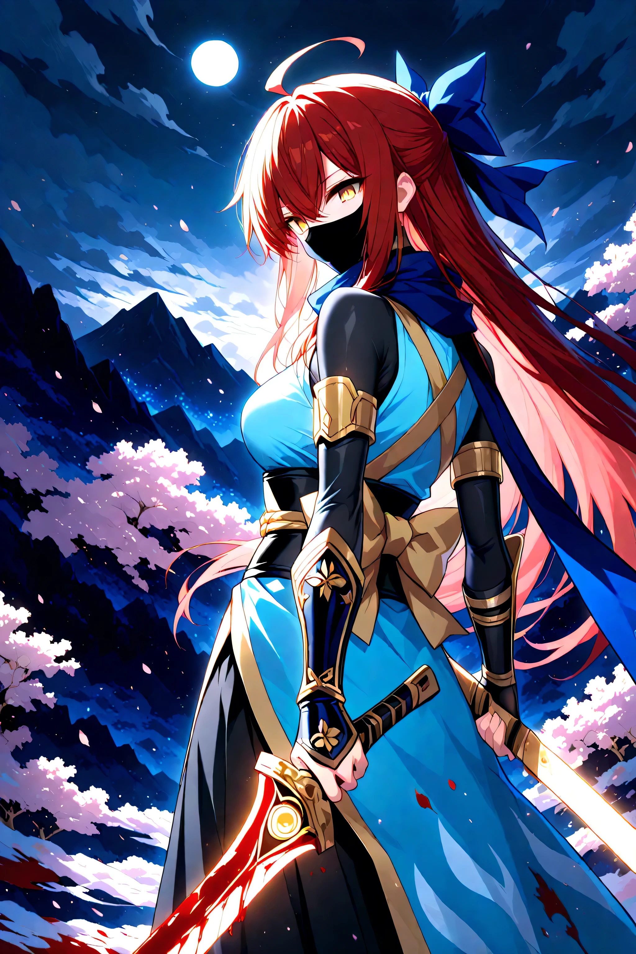 1 woman , golden eyes , very long hair , long sidelocks, red hair, petite , very cute , beautiful ,Straight hair, cool, handsome, hair between eyes, sexy, medium large breast, blue theme, blood on view, blood splatter, blood on pov hands, blood on blade, blood on weapon, two-handed, glowing blade trail, glowing blade, holding weapon, glowing sword trail, glowing sword, holding sword, ninja mask, 
masterpiece, best quality, high detailed, high resolution, sword focus, magical effects, magical background, mountain, (night, blue smog:1.4, cloudy sky:1.4), shinsengumi, japanese clothes, sash, scarf, half updo, ahoge, arm guards, obi, bow, hair bow, from behind, looking viewer, expressionless, hollow eyes, cherry blossoms, cherry blossom blizzard, moon