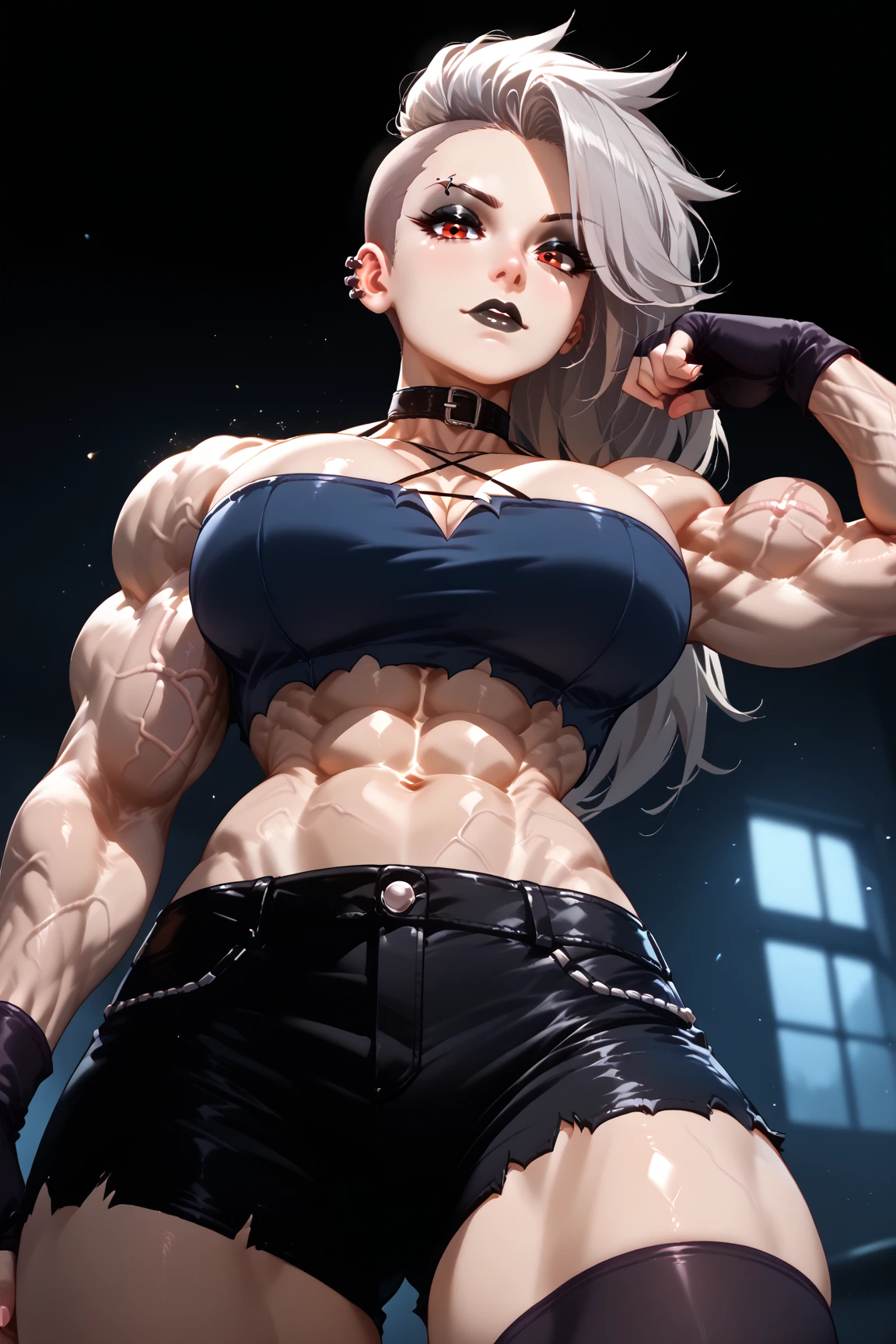 (((((Massive, tall, beautiful, buff, pale white skinned muscular with cyan hair, black lipstick, ginormous bulky muscles, wearing a black gothic uniform with pleated skirt and tie))))), close view, (black lipstick), massive muscle, massive biceps, hyper muscle shoulders, (ginormous muscle arms), hyper muscle triceps, (beachy long hair), purple eyes, choker, (chain belt), black boots, (spiked gauntlets), (fingerless gloves), (standing in a dark school), sensual glare, night, hyper vascular arm, hyper muscles arms, hyper muscle legs, (ginormous arms).