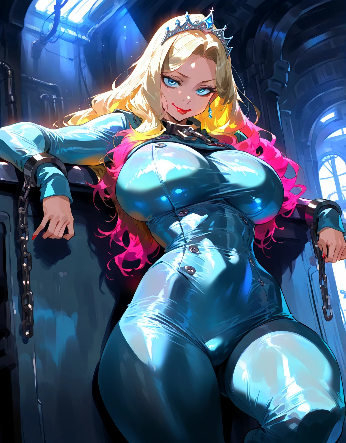 slim waist, slender torso, big pouty lips, blushing, almond-shaped-eyes, 4k, 8k (latex, sexy outfit), ((wide hips, thick thighs)), huge breasts, boob squish, sitting silk couch, backlit, looking at viewer, low camera lens shot (masterpiece), (best quality:1.2), absurdres, intricate details, (highly detailed skin:1.2), ((luminous)) (((vivid bold color))) ((cinematic presentation)), blonde, blue eyes
