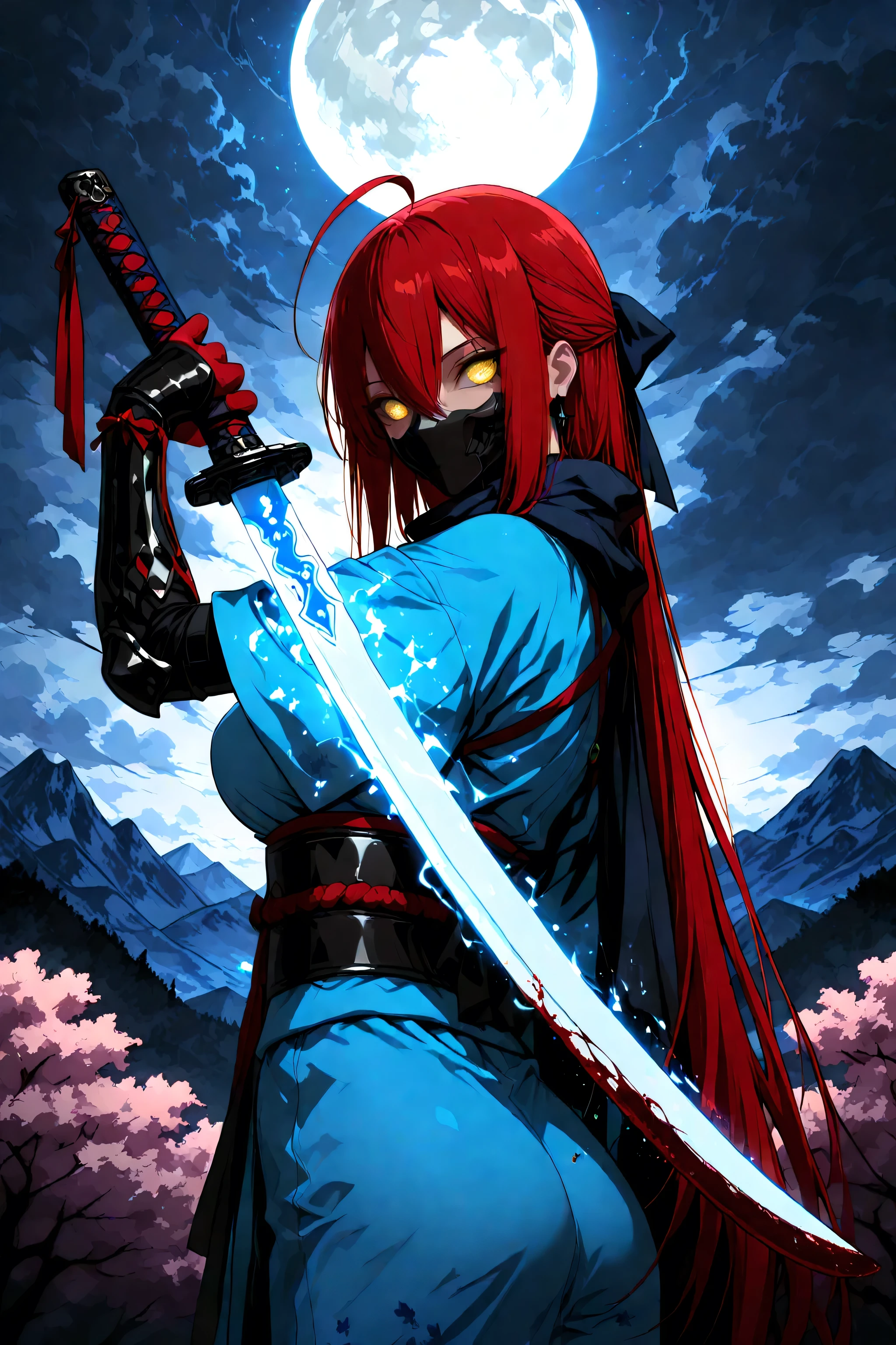 1 woman , golden eyes , very long hair , long sidelocks, red hair, petite , very cute , beautiful ,Straight hair, cool, handsome, hair between eyes, sexy, medium large breast, blue theme, blood on view, blood splatter, blood on pov hands, blood on blade, blood on weapon, two-handed, glowing blade trail, glowing blade, holding weapon, glowing sword trail, glowing sword, holding sword, ninja mask,
masterpiece, best quality, high detailed, high resolution, sword focus, magical effects, magical background, mountain, (night, blue smog:1.4, cloudy sky:1.4), shinsengumi, japanese clothes, sash, scarf, half updo, ahoge, arm guards, obi, bow, hair bow, from behind, looking viewer, expressionless, hollow eyes, cherry blossoms, cherry blossom blizzard, moon
