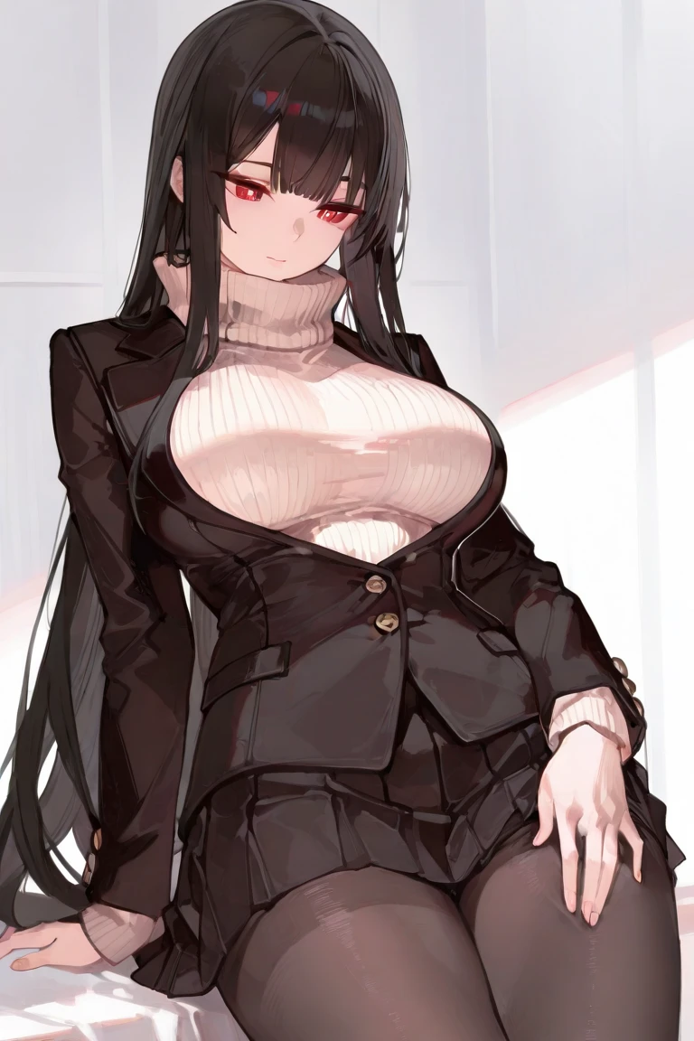 woman with big breasts, black hair, black eyes, black clothing 