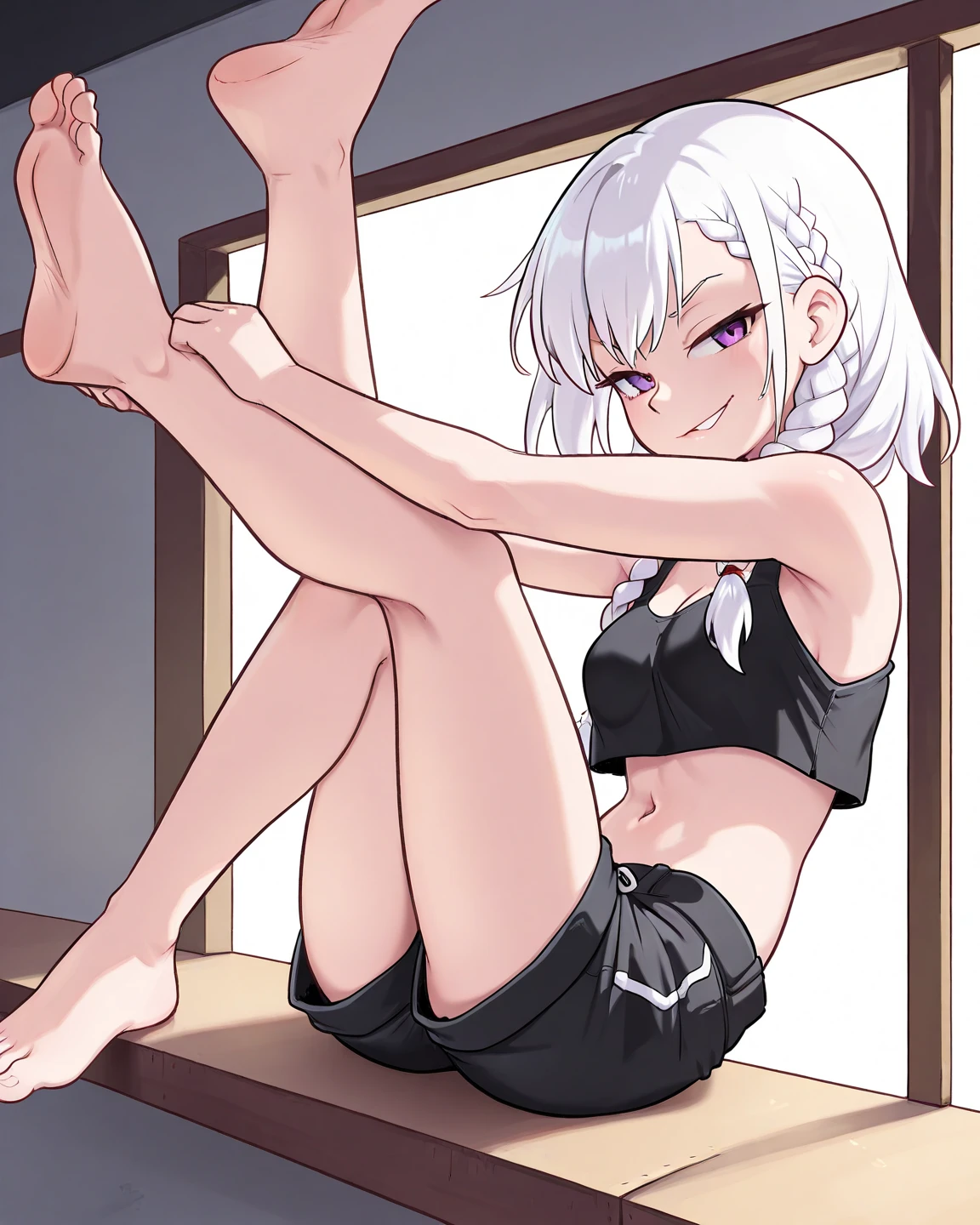masterpiece, best quality, ultra-high-detailed, angry face, white hair, red eyes, sigtuna julie , small breast, looking to viewer, deep eyes, glare eyes, Cowboy shot, ABS, muscular, eyeshadow, navel, midrifft, bare shoulder , Collarbone ,upper body , spaghetti straps, mirroring , medium breast , detail face, eyes to viewer , shaded face, fit body , leaning forward , in bed, underwire bra, open front bra, gstring panties , cleavage  , holding the bed,  near camera shot, so close, navel , slim body, six pack, whole body, blushing, line of sight, soles, bare feet, ponytail, smell, five fingers, centering on soles, spread toes, bare feet, bare feet, stuffy soles, sweaty feet, close-up of soles, soles of feet expose the
