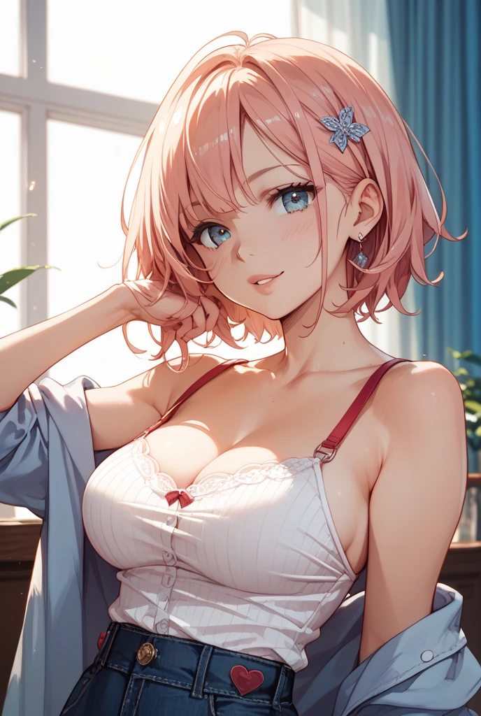 (Best quality at best,4K,8K,A high resolution,tmasterpiece:1.2),ultra - detailed,(actual,realistically),Vibrant colors,beautidful eyes,Delicate smile,face flushed,ctextured skin,tmasterpiece,k hd,Best quality at best,Gentle and beautiful woman,Mild,delicate and sexy collarbones,atractive Face,二重まぶた,rosy lips,small-nose,random hair style,dyed hair color,Huge big breasts,Elegant,Subtle blush,gorgeous one,perfect pubic bone,Elegant lady,Gorgeous dress,Photographed from top to bottom,Close-up cleavage,Leaning forward