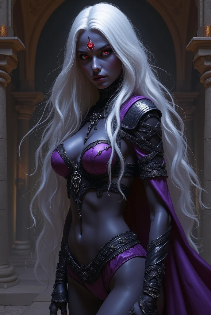 A beautiful drow girl, detailed face, large breasts, black skin, detailed white hair, wearing short purple skirt, purple eyes, highly detailed, 8k, photorealistic, masterpiece, cinematic lighting, fantasy art, hands on hips, upskirt view.