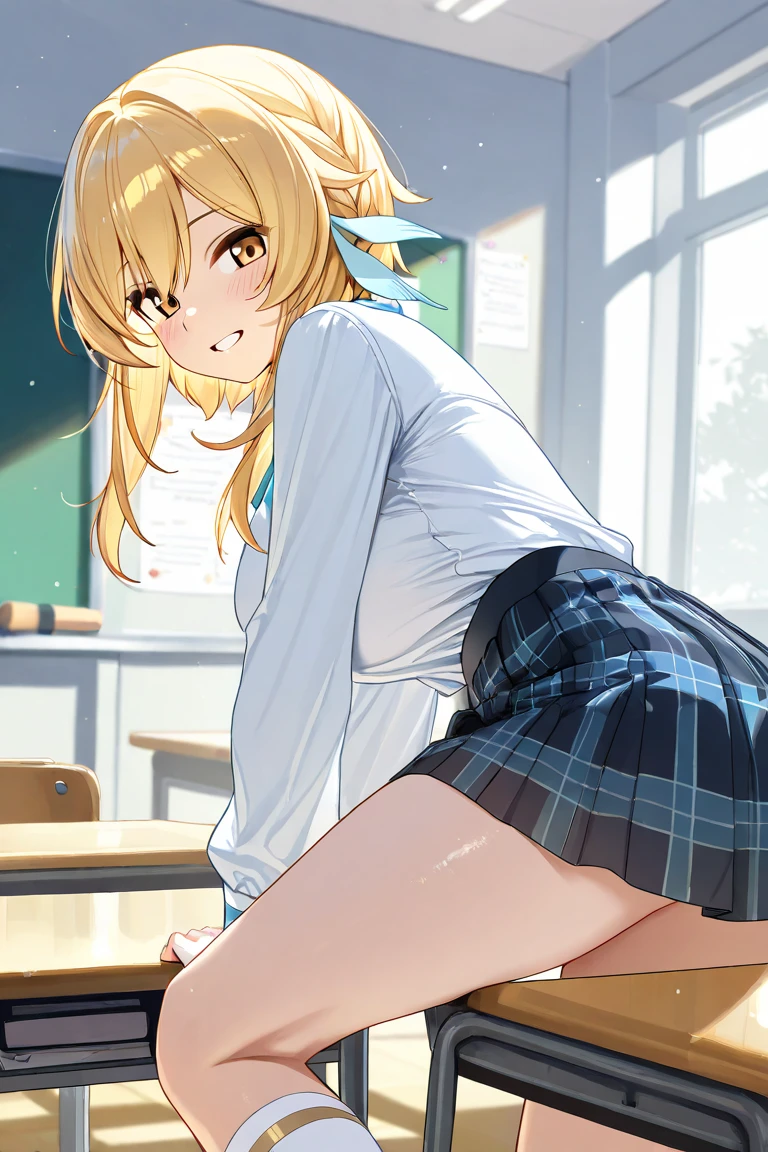 1girl, masterpiece, pov, (back view), standing floor, platinum blonde hair, emerald green eyes, bob cut, ((2mater over tall)), ((huge breasts)), large hip, (school blazer uniform), black blazer, blue ribbon tie, check pattern green skirt, ((take off clothes)), ((exposing butt)), ((love hotel)), (sex), doggy style position, (orgasm), drool, smiley face, looking back, flushing, ((pov hands grabbing butt:1.2)), (pov penis incerting pussy), ((cum in pussy:1.5))