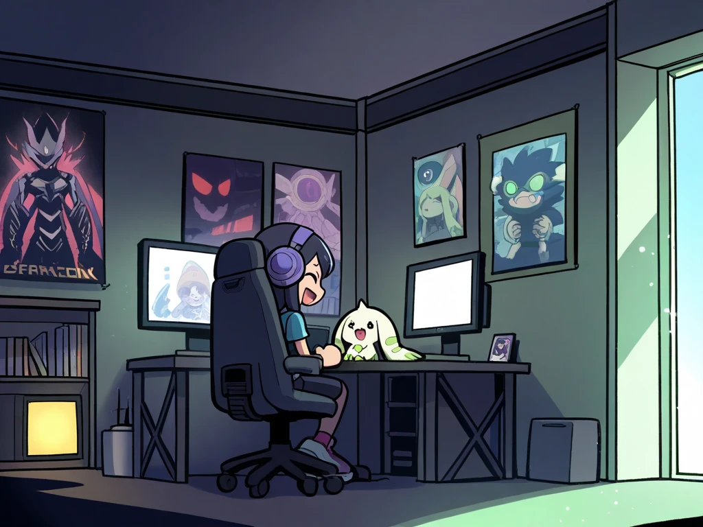 A rat woman, playing Dead By Daylight on a gaming computer, with little mice watching