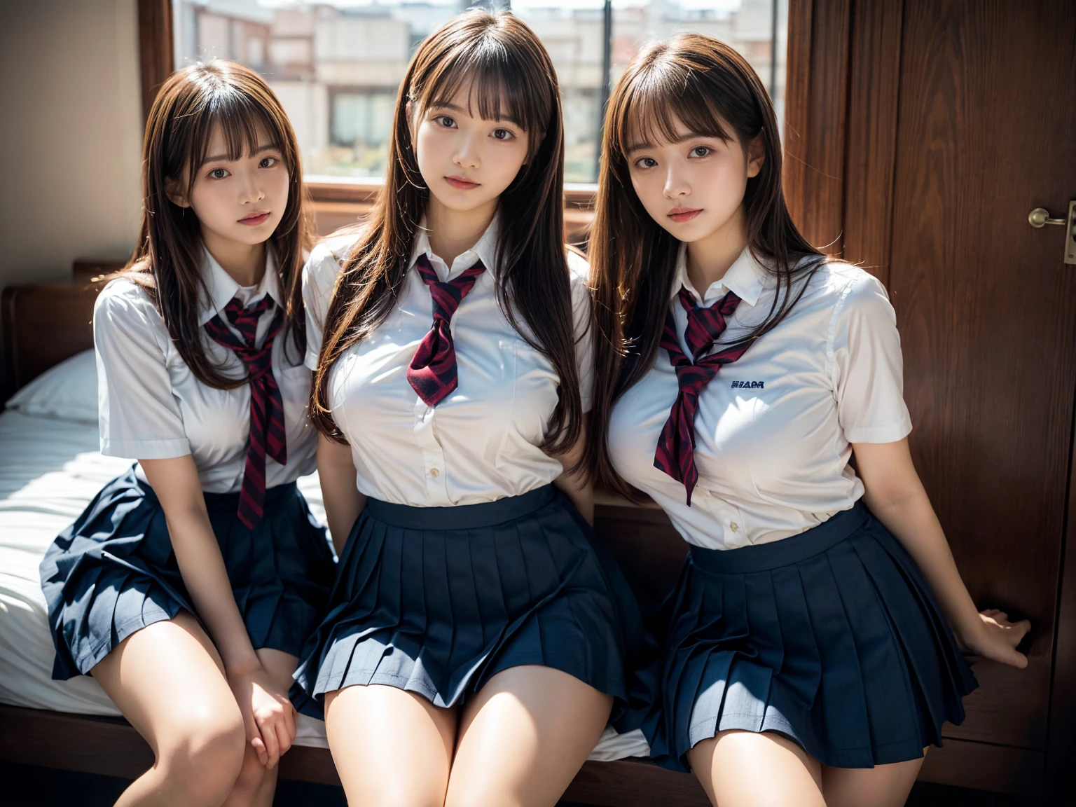(RAW photo, 4k, masterpiece, high resolution, extremely complex) (realistic: 1.4), cinematic lighting
 ((2 girls, 2 schoolgirls)),Slam Dunk's,blushing,((innocent)),bright eyes,round eyes,blunt bangs,short bob hair, black hair color,black hair,large breasts,wide hips,Summer Noon, ,Hot, (Best Quality), (Highres), (an Extremely Delicate and Beautiful),(Beautiful 8k face),(Brown eyes),( spectators),(gigantic breasts),(Play with each other,Touching each other's bodies,Touching the body),(Japanese high school uniform:1.3),blue skirt,(reality),bright lighting,(The background is a luxury hotel room)