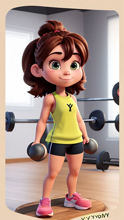 Criar a capa de um filme em imagem!! Disney Pixar-style post The cover character is a 20-year-old girl with tanned skin, cabelo moreno longo e liso sem muito volume, com os olhos castanhos, She has Brazilian traits. The character is in the gym with a bottle of water in her hand and headphones