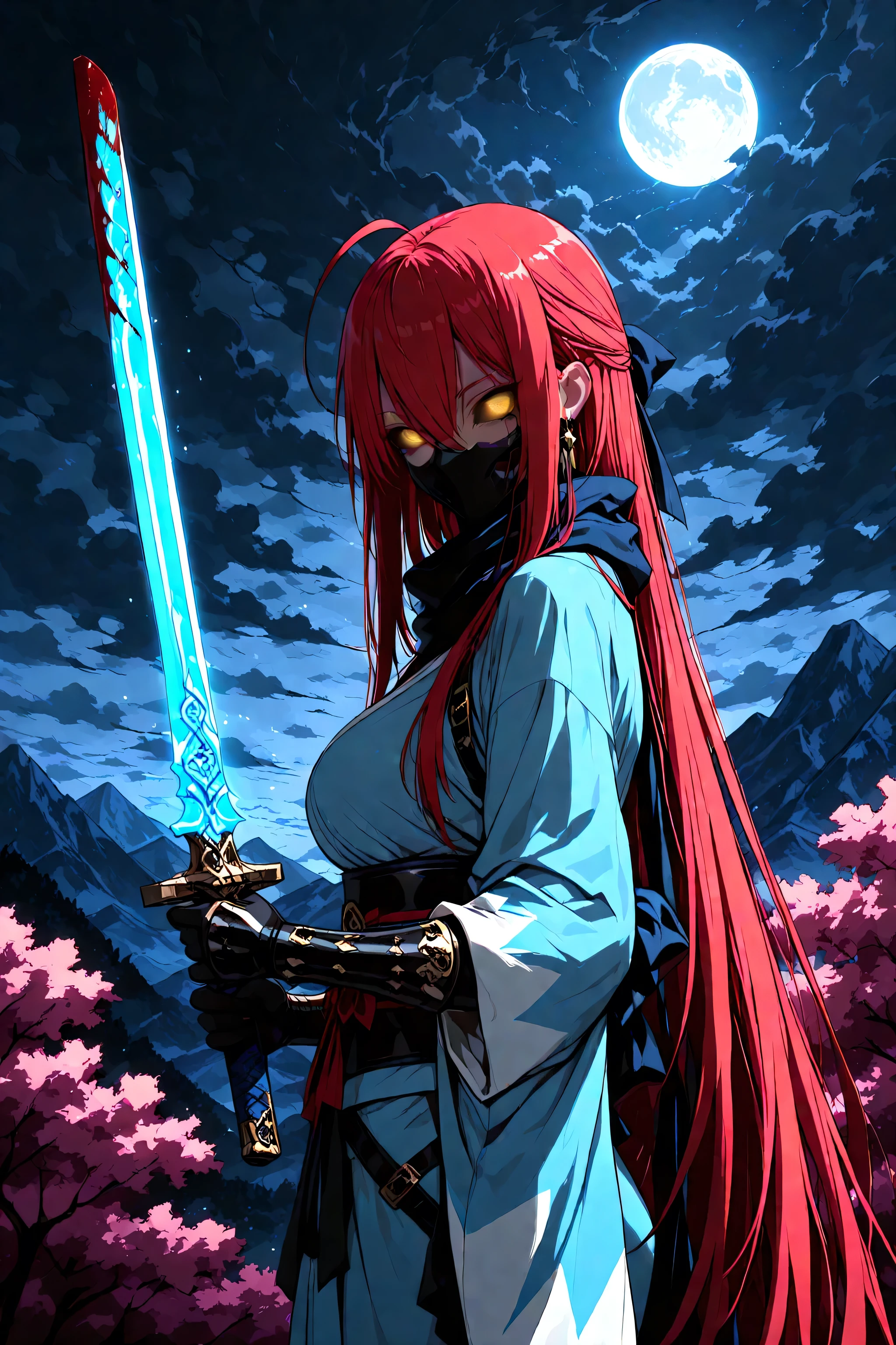 1 woman , golden eyes , very long hair , long sidelocks, red hair, petite , very cute , beautiful ,Straight hair, cool, handsome, hair between eyes, sexy, medium large breast, blue theme, blood on view, blood splatter, blood on pov hands, blood on blade, blood on weapon, two-handed, glowing blade trail, glowing blade, holding weapon, glowing sword trail, glowing sword, holding sword, ninja mask,
masterpiece, best quality, high detailed, high resolution, sword focus, magical effects, magical background, mountain, (night, blue smog:1.4, cloudy sky:1.4), shinsengumi, japanese clothes, sash, scarf, half updo, ahoge, arm guards, obi, bow, hair bow, from behind, looking viewer, expressionless, hollow eyes, cherry blossoms, cherry blossom blizzard, moon