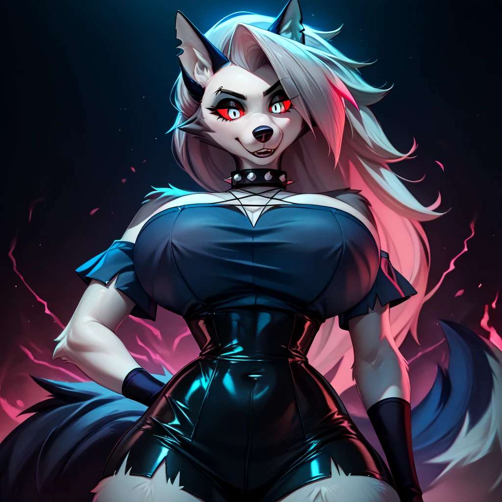 [Loona Helluva], ((obra de arte)), ((High definition)), ((high resolution)), ((retrato solo)), ((vista frontal)), ((low angle view)), ((peludo; antropo wolf)), ((pele detalhada)), ((sombreamento suave detalhado)), ((beautiful rendering art)), ((Horror)), {antropo; White and grey fur, nariz preto, longos cabelos grisalhos, (lindos olhos brancos brilhantes), (esclera vermelha), (curvy hips), (lindas pernas), (intimidating expression)}, {(top azul ombro a ombro), (decote), (pentagrama no peito), (shorts de ioga pretos rasgados), (Luvas pretas sem dedos), (barriga), (umbigo), (coxas pretas)}, {(imponente), (standing over the spectator), (sitting not sofa), (crossed arms), (olhando para o espectador)}, [Fundo; (sala de estar), (janela), (starry sky), (ambient lighting), (Horror lighting)]