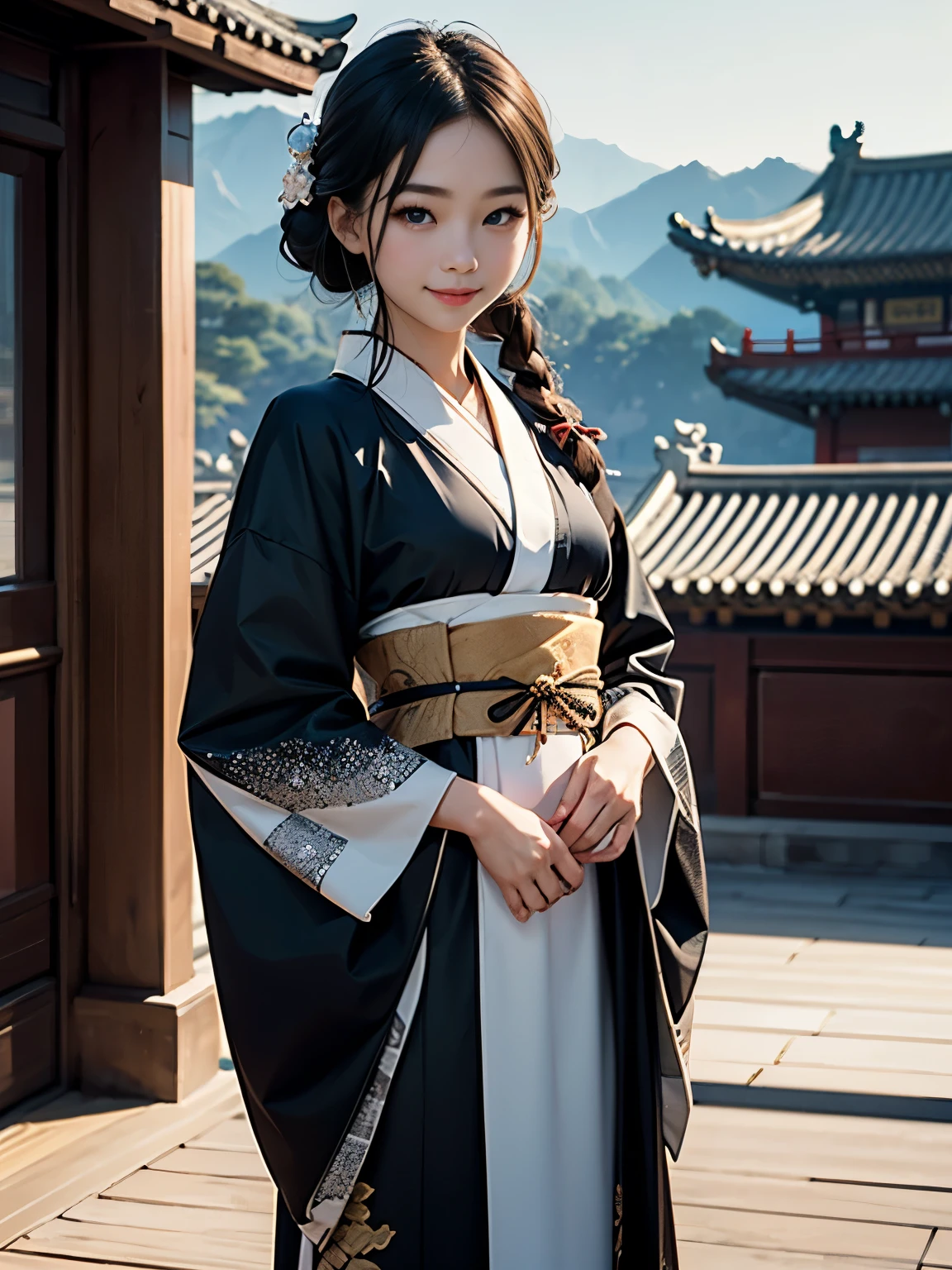 (Surrealism, retina, masterpiece, accurate, anatomically correct, super detail, best quality, 8k, extremely precise in every detail, beautiful detailed glow, beautiful attention to detail, beautiful detailed eyes), (a Chinese Girl in a long black Kimono-dress is standing in a ancient Chinese palace), long brown single braid, (silver Crystal eyes), (flat chest like a boy), young slender girl, smiling broadly