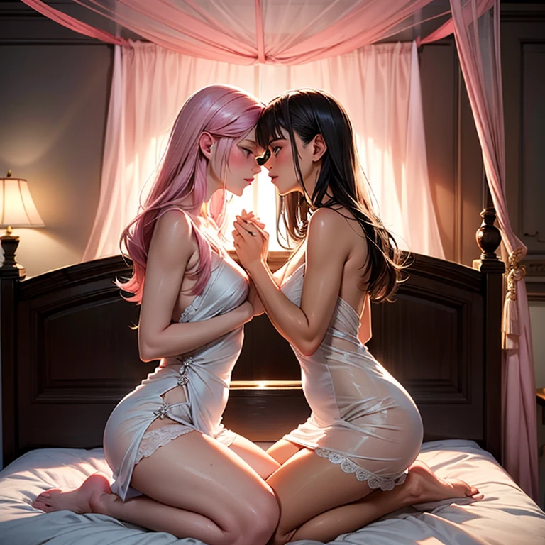 In a dimly lit beach with soft, warm lighting, a cute young busty girls with tiara sits on the sand kissing, their long curly pink hair glistening in the glow. They wears a sparkling pink bikini with sexy cleavage that seems to shimmer and shine like bioluminescent paint, matching the radiant violet hue of her eyes. Their eyes are detailed with long eyelashes and bright and colorful irises with heterochromia and are sparkling. Their expression is sultry, with mesmerizing eye contact that draws the viewer in. Their big breasts are perfectly rounded, with a large sag that adds to their allure. As she kneels forward, her legs spread invitingly, showcasing her confidence and sex appeal. The watercolor-inspired hues on her skin blend seamlessly, creating a photorealistic effect that's almost too beautiful to be real. 2girls_kissing