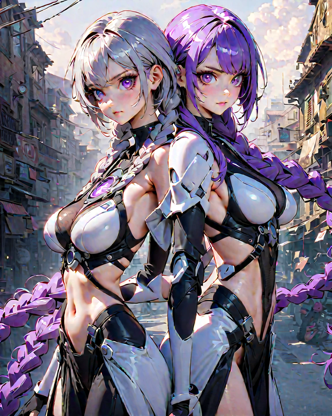 Anime-style girls in sexy outfits posing in front of a pole, Biomechanical , BoobsCyberpunk, Best anime 4k konachan wallpaper, Wearing technical clothing and armour, Girl in Armor, bikini + Tattered military equipment, M4 Sopmod II Girls Frontline, Girl wearing mecha cyber armor, From the Azur Lane video game, bikini-armor
