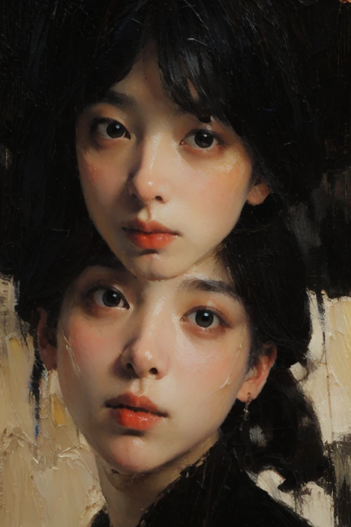 Japanese impressionism oil painting, flat color, 2girls, twins, naked, semi short straight black hair, standing in the atelier, in front of the canvas, detailed face, innocent gentle smile