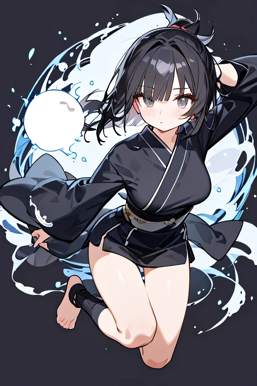 NINJA WIND,((Hair covering one eye)),mystical atmosphere, natural body,(Ninja costume+shorts,), socks,detailed clothes,(slender figure,marshmallow breasts ,),beautiful black hair,well-groomed face,Clear Skin,middle school students,Fair skin,Japanese face,