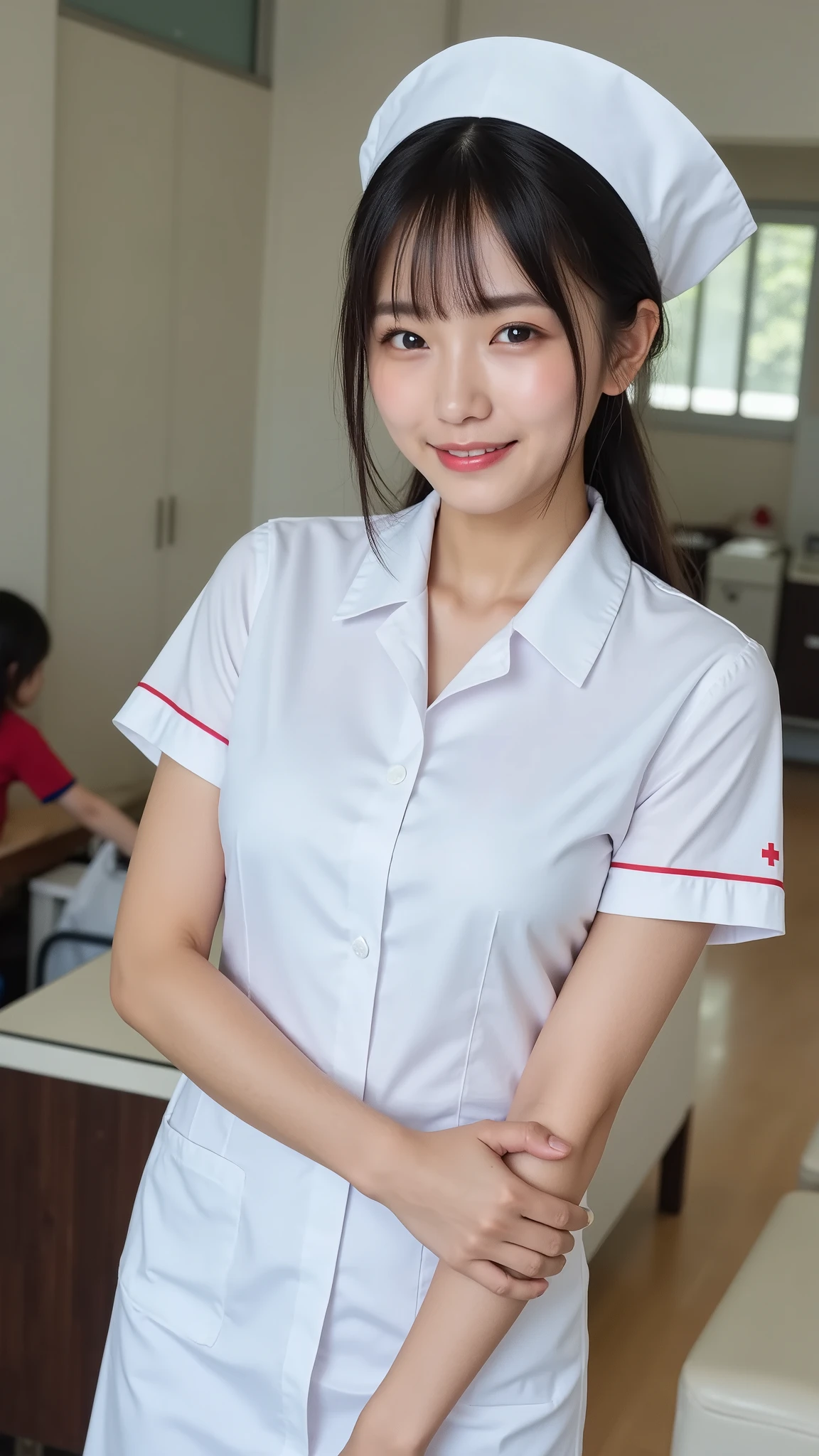 Super high resolution, super high quality smartphone selfie photos. A beautiful Japanese woman wearing nurse's clothes and smiling kindly in a hospital examination room.