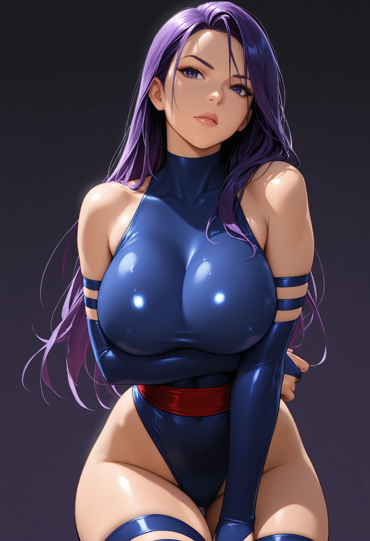 1fille, Juri Han de Street Fighter, , grande largeur, Largeur gigantesque, ABS, seulement, cheveux longs, crop top noir, regat le spectateur, fond bleu, cheveux noirs avec deses meches violettes dans les cheveux noirs, fond simpleo side up, turtleneck, yeux bleus, minora, mouth closed, ruban, Hair tape, frange, turtleneck sweater, Haut du corps, separated bangs, ruban noir, ribbed sweater, tails, nez,