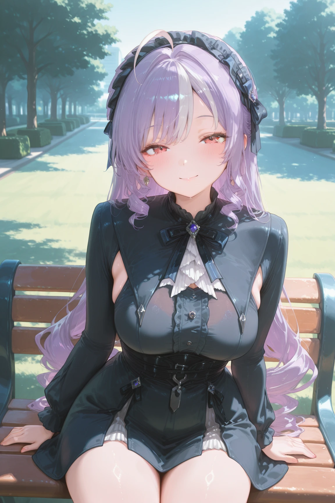 [3D images:1.15]、garden、全体的にlong hair、1 girl, smile, suzukaze aoba, long hair, brown hair、bright pupils、open chest、gothic  style、gothic lolita clothes、Cute skirt、skirt, white skirt、absolute reference to center、big breasts、leaning forward