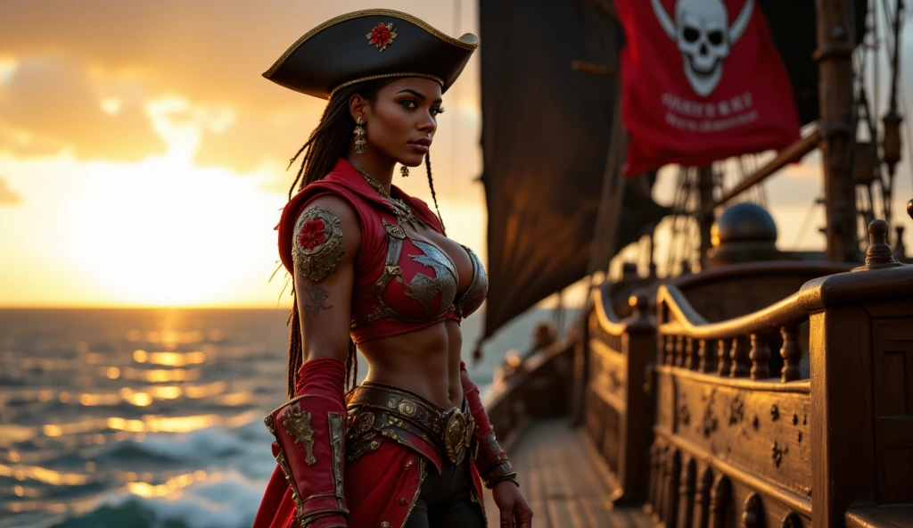 Arte inspirada John Buscema, Pirate Captain, Mulher branca, cabelos longos, ondulados, cabelos negros, voluptuosa, arrogante, roupa tribal feminina africana, adaga ornada de joias em seu cinto, scimitar in hand, on the deck of your ship, looking towards the horizon, batalha naval entre piratas(a rainha da costa negra, Belit)
