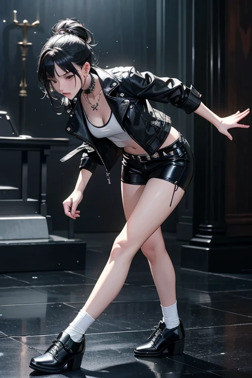 detailed, 8K, Movie angle, (Outdoor:1.2)、(in the rain:1.2)、(dance:1.2)、(There is movement:1.2)、(whole body:1.2)、(雨に濡れながらdance:1.2)、Beautiful woman in black leather shorts、In front of the Gothic church、