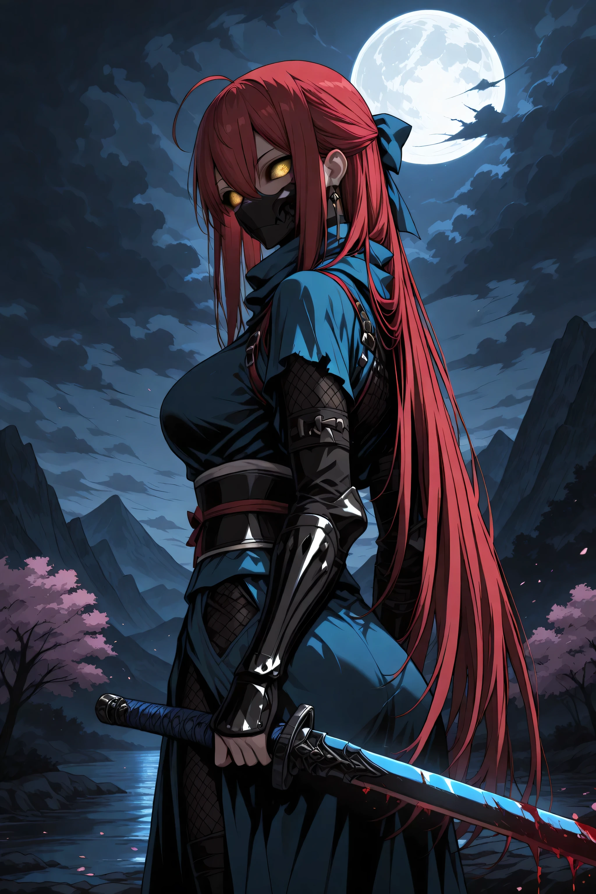 1 woman , golden eyes , very long hair , long sidelocks, red hair, petite , very cute , beautiful ,Straight hair, cool, handsome, hair between eyes, sexy, medium large breast, blue theme, blood on view, blood splatter, blood on pov hands, blood on blade, blood on weapon, two-handed, glowing blade trail, glowing blade, holding weapon, glowing sword trail, glowing sword, holding sword, ninja mask,
masterpiece, best quality, high detailed, high resolution, sword focus, magical effects, magical background, mountain, (night, blue smog:1.4, cloudy sky:1.4), shinsengumi, japanese clothes, sash, scarf, half updo, ahoge, arm guards, obi, bow, hair bow, from behind, looking viewer, expressionless, hollow eyes, cherry blossoms, cherry blossom blizzard, moon