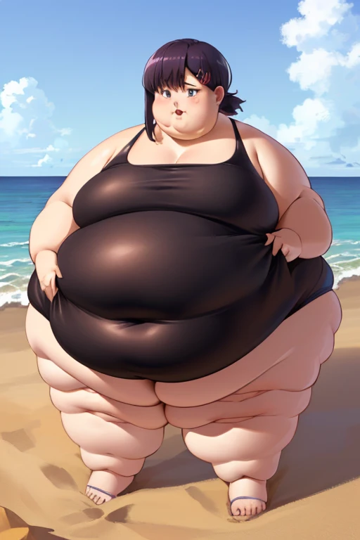 realistic lighting, natural light, (solo), (chubby girl), (curvaceous body), ganyu from genshin Impact, short hair, black bikini, (tight bikini), white skin, white Blue hair