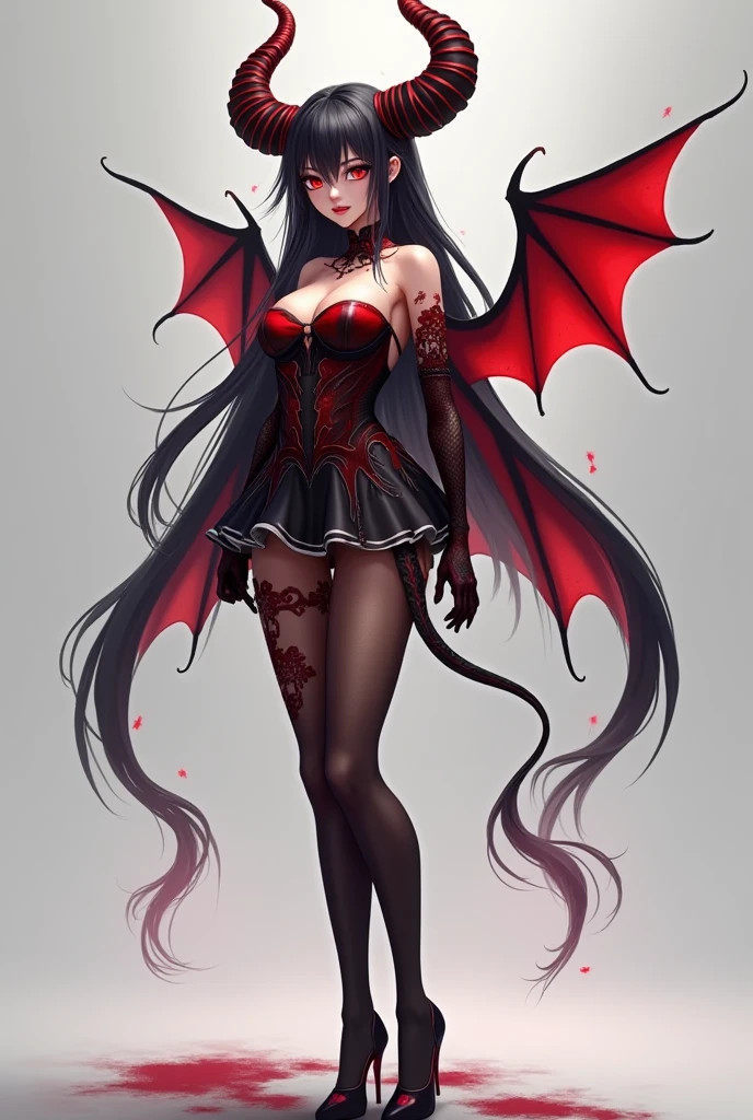Girl demon, black Horns, Black and Long Hair, Straight hair, Red Eyes, black devil's tail, anime version, full body, black clothes, slim, black wings