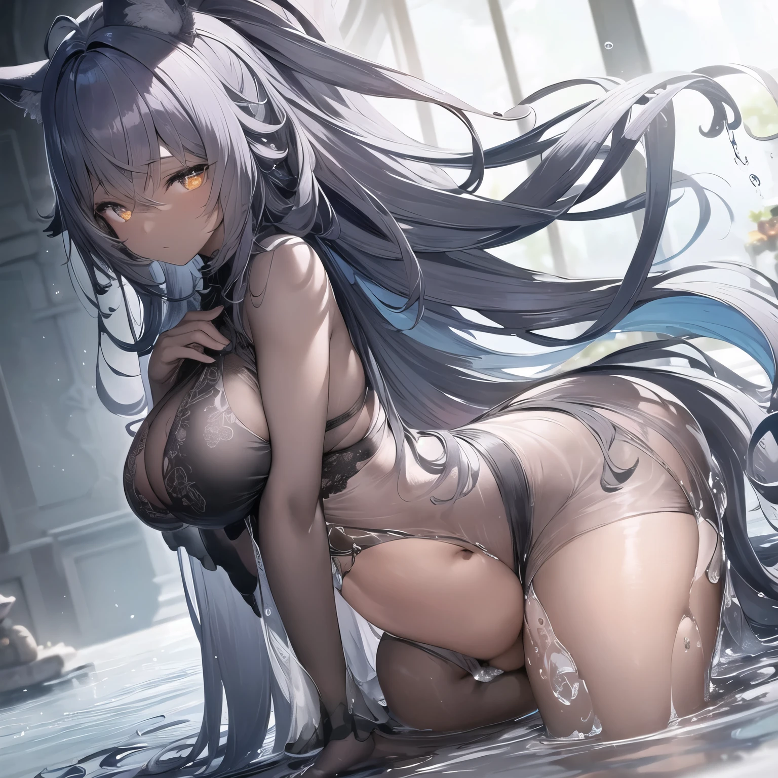 Erotic Anime Illustration、Highest image quality、A voluptuous, lascivious idol shows off her vagina on an underwater stage、perfect proportions、Aircraft Carrier Wo-class、Overwhelmingly big breasts beyond the norm、thick legs with fat、big areola、Beautiful shining eyes、cowboy shot、smile、shaved pussy、exposing nipples、spread legs、sweating、Vagina depicted in detail