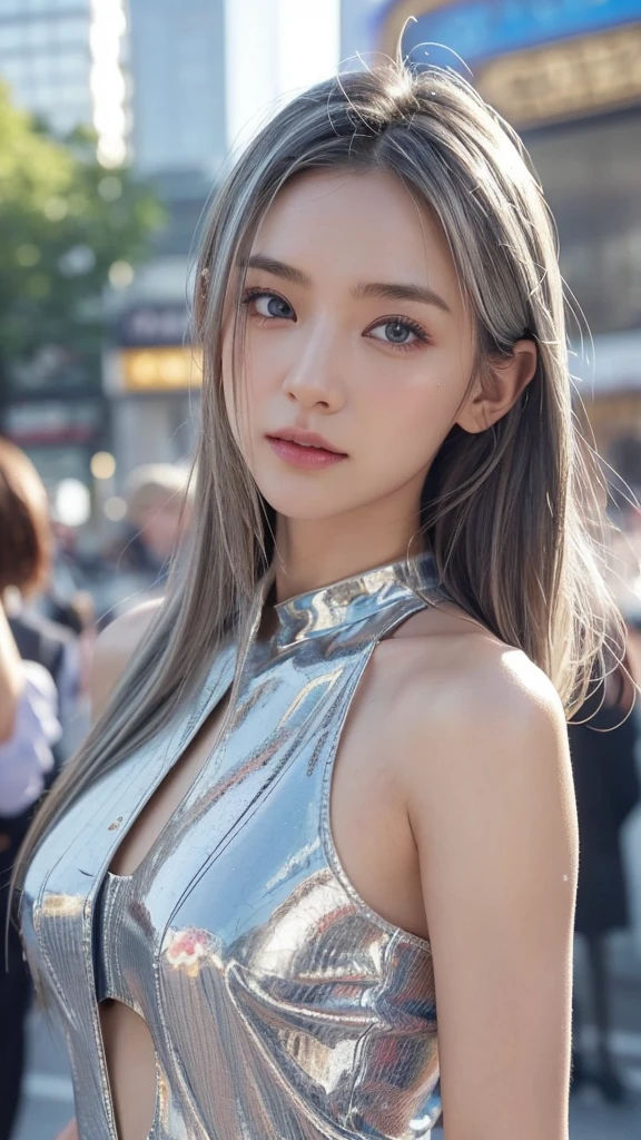 8k、High resolution、punk fashion、beautiful girl、slender body、young、colorful costumes、white skin、piercing on face,narrow eyes、london cityscape,high nose,lighting that illuminates the face、clear image、intellectual beauty、Eyes staring straight ahead、skinny、no makeup